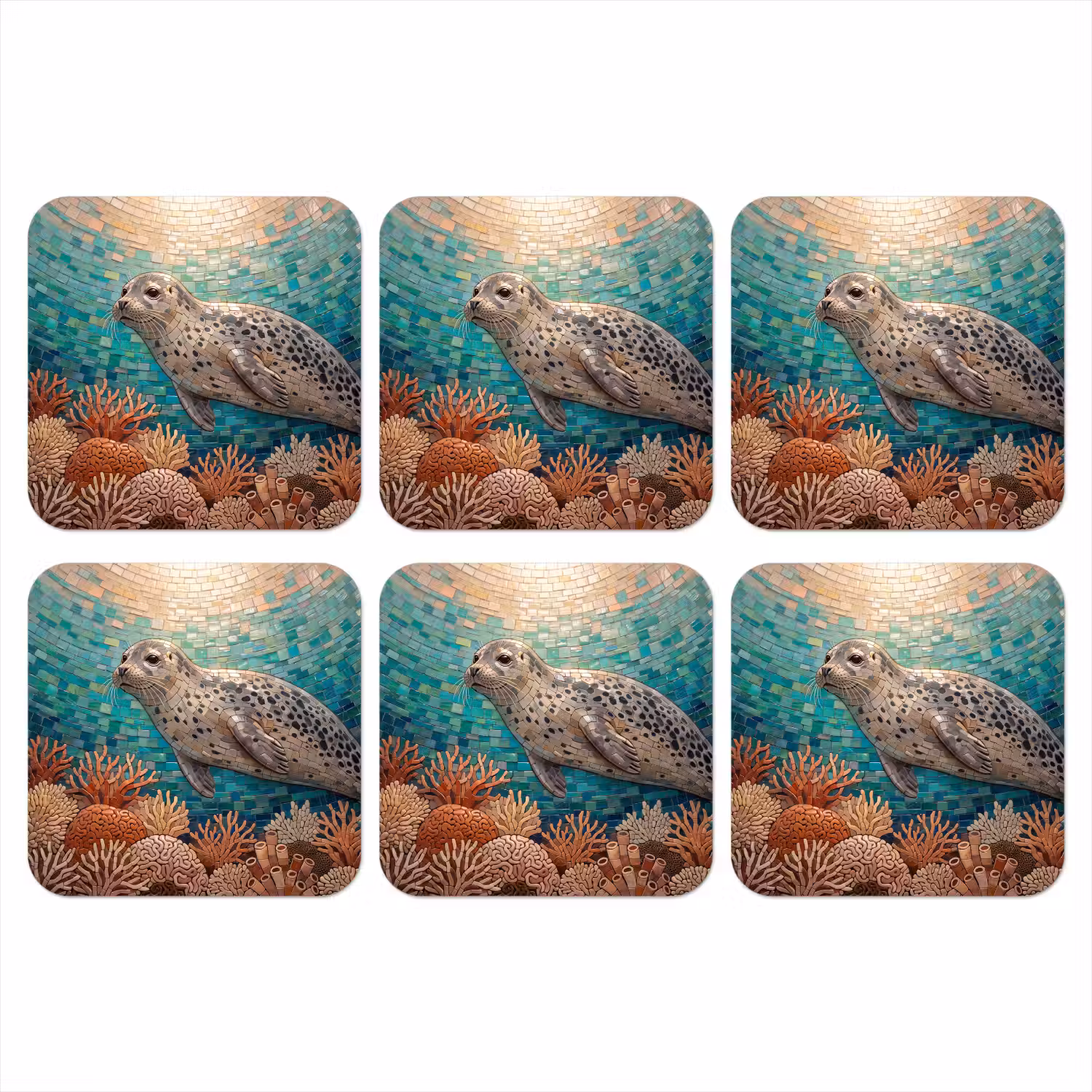 Zeehond - Mozaïek - Onderwater - Dieren - Blauw onderzetter kurk middel -3d