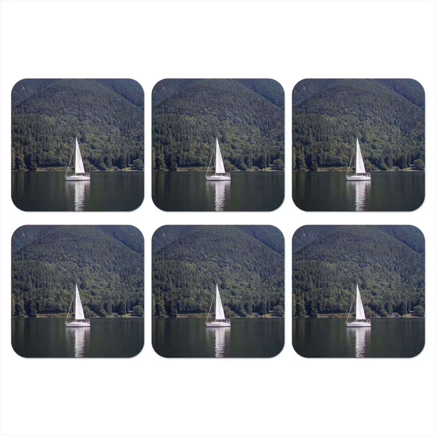 Zeilboot - Water - Bergen - Natuur - Groen onderzetter kurk middel -3d