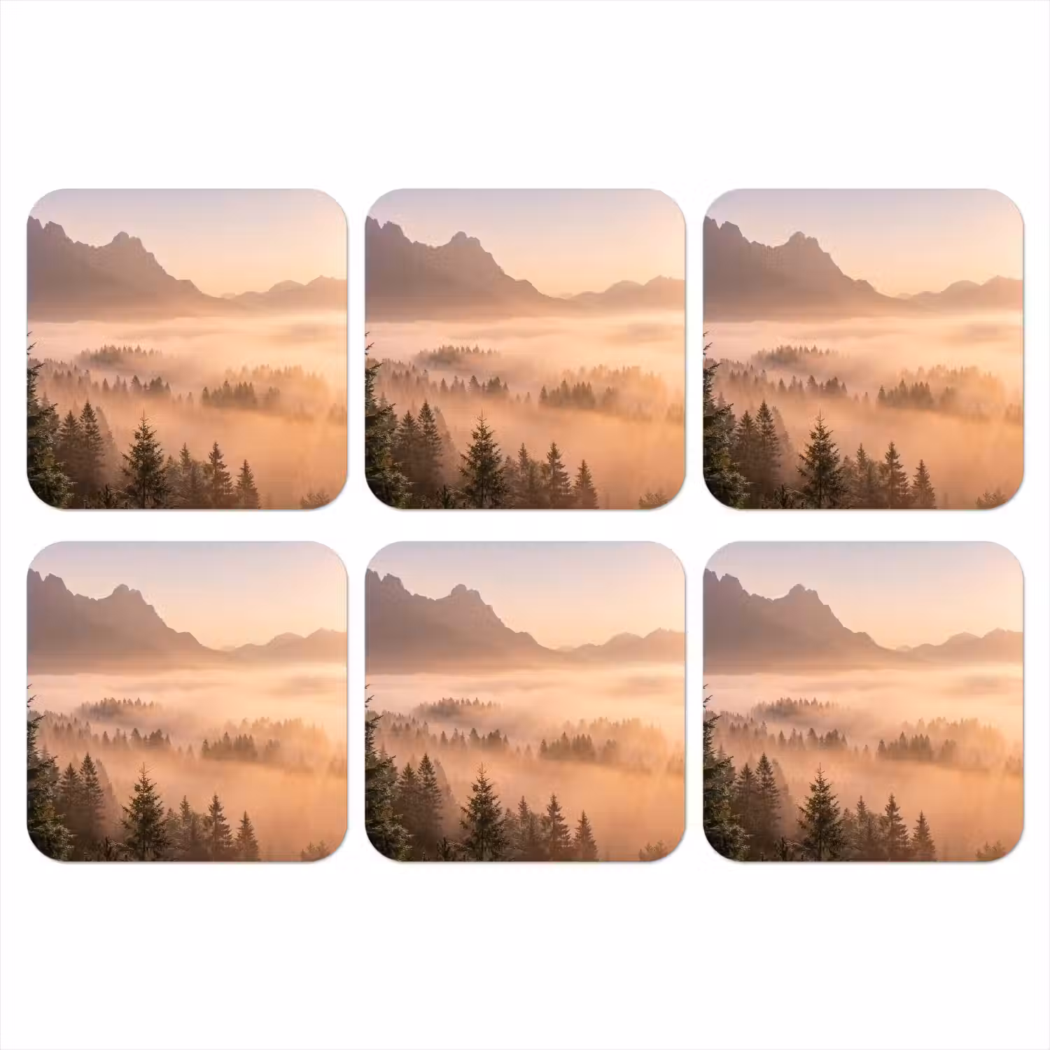Zonlicht - Mist - Bergen - Bomen onderzetter kurk middel -3d