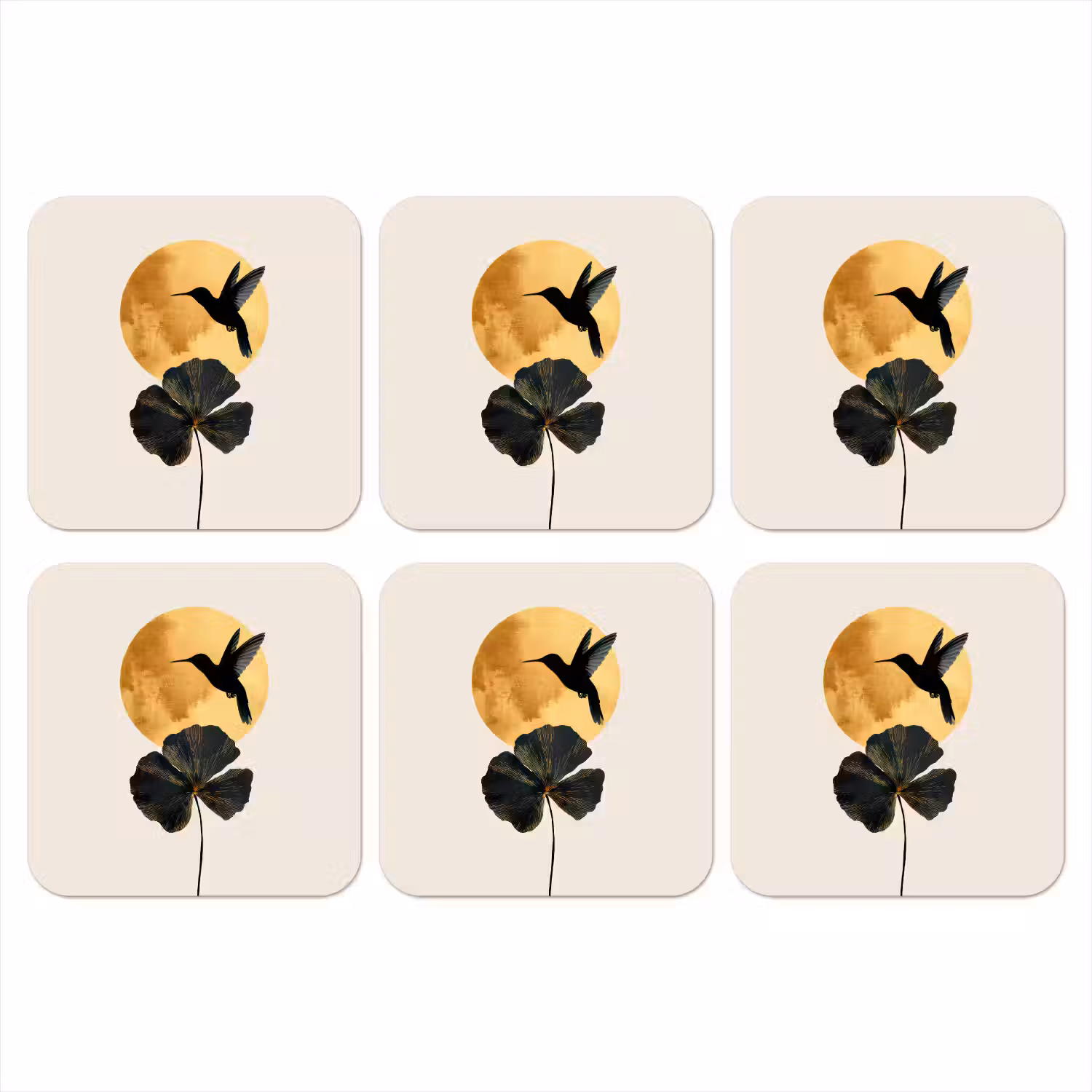 Zwarte kolibrie - Bloem - Gouden cirkel onderzetter kurk middel -3d