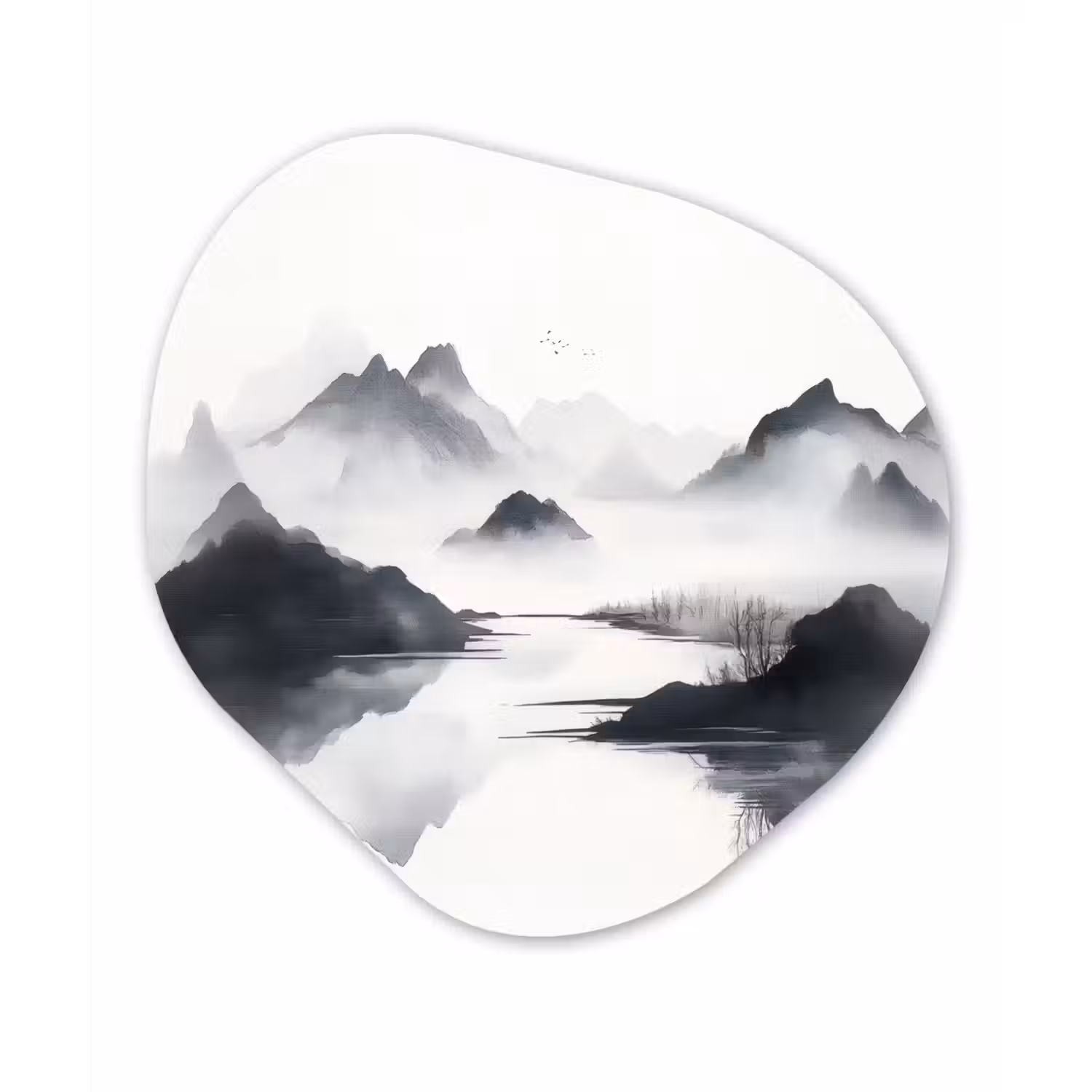 Bergen - Mistig - Water - Wit Wandcirkel Organisch Aluminium middel -3d