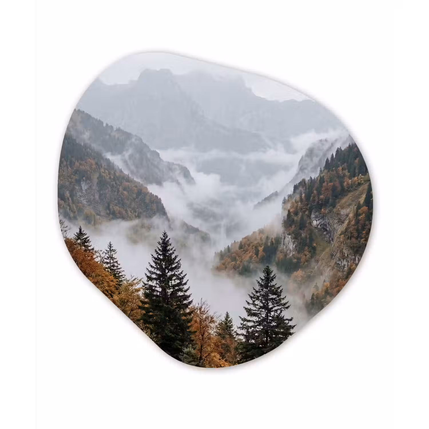 Bergen - Vallei - Mist - Herfst - Natuur Wandcirkel Organisch Aluminium middel -3d