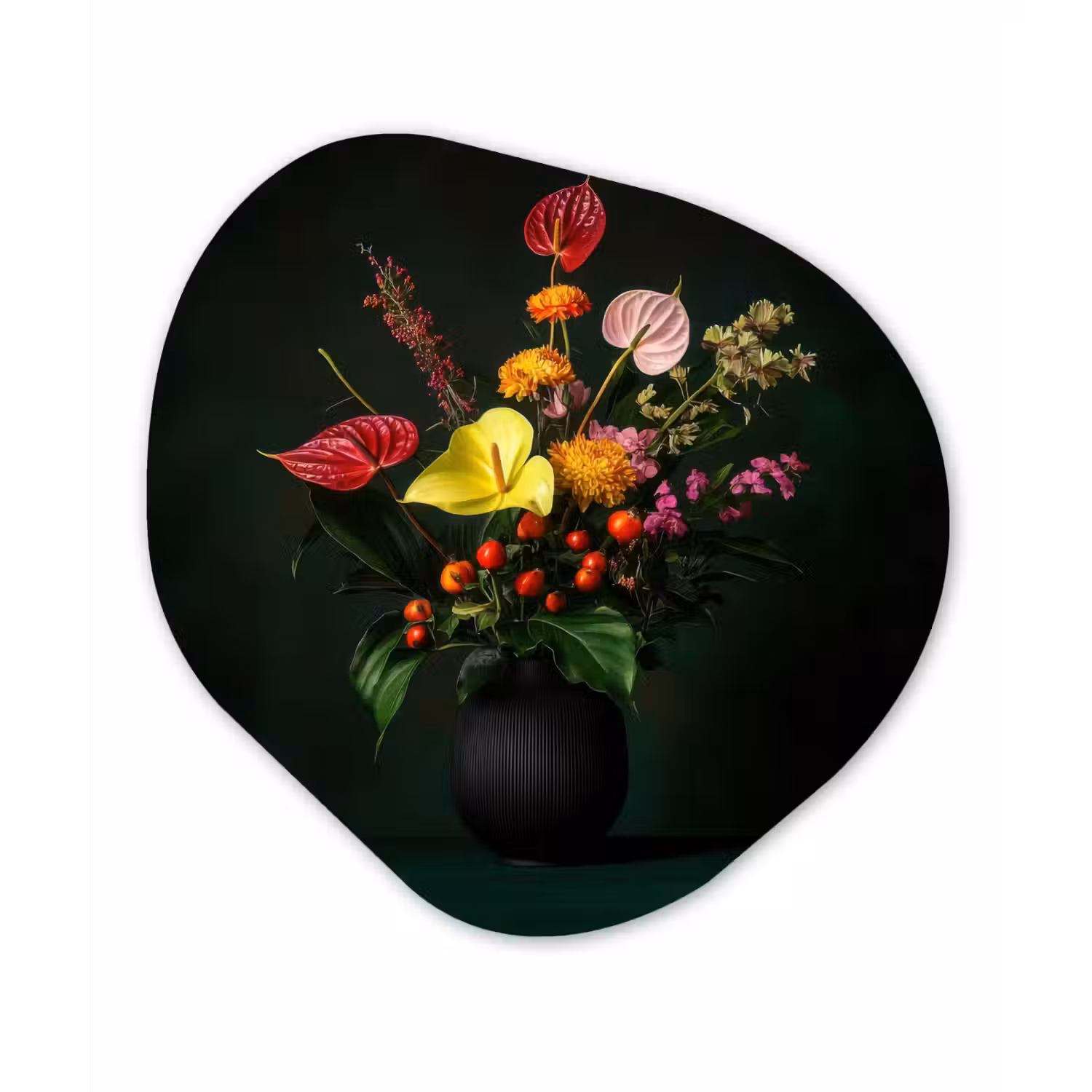 Bloemen - Vaas - Zwart Wandcirkel Organisch Aluminium middel -3d