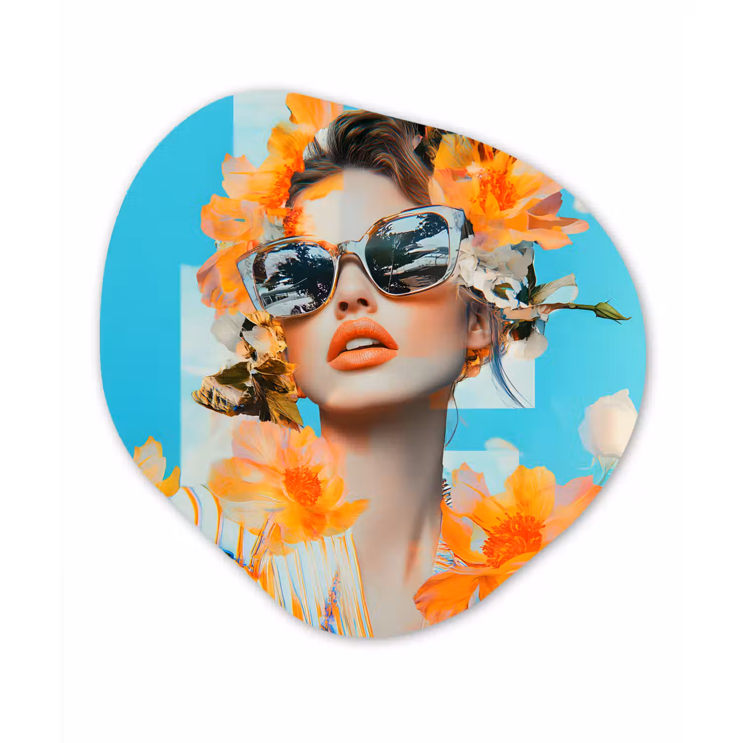 Bloemen - Vrouw - Zonnebril - Blauw Wandcirkel Organisch Aluminium middel -3d