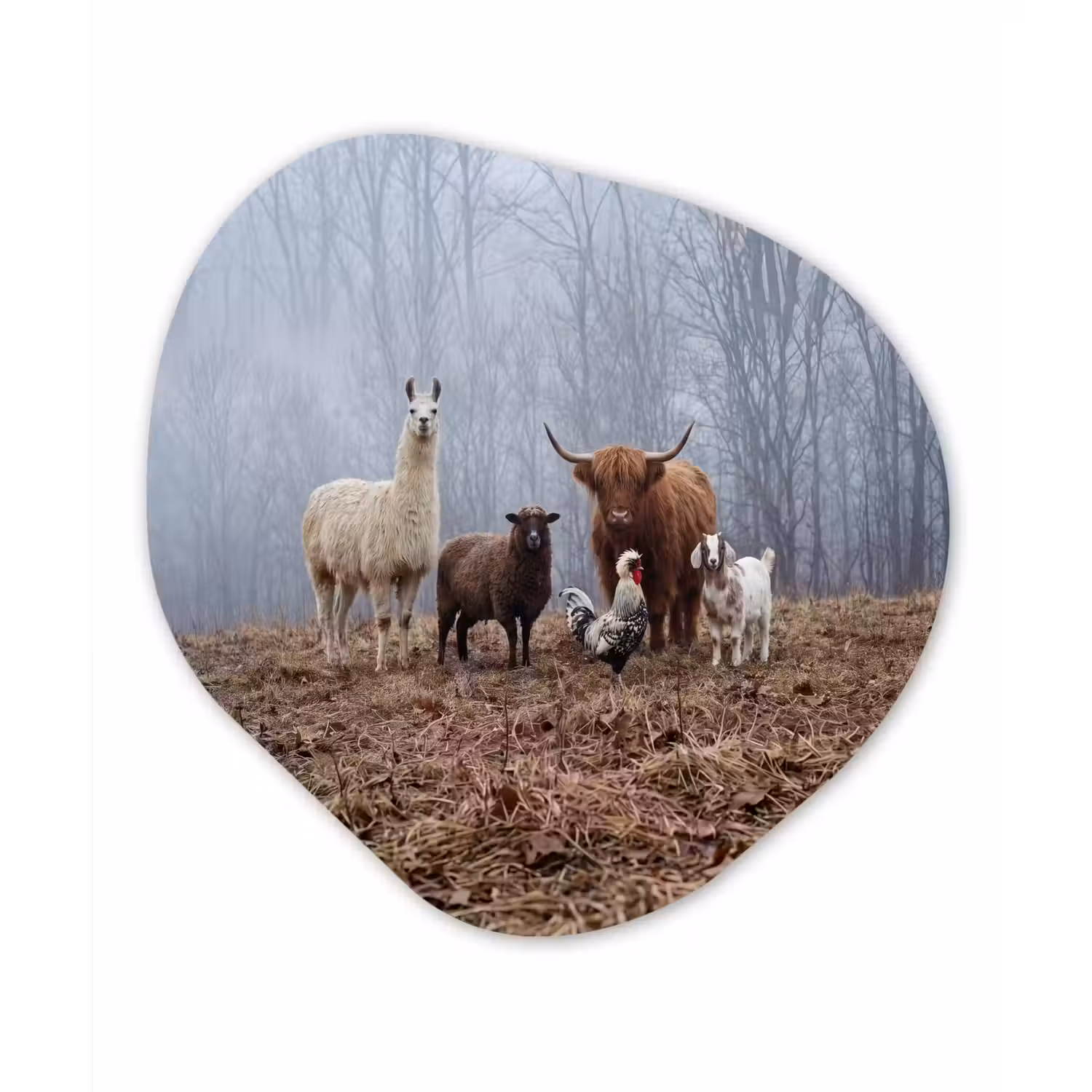 Boerderijdieren - Groep - Mist - Natuur - Rustiek Wandcirkel Organisch Aluminium middel -3d