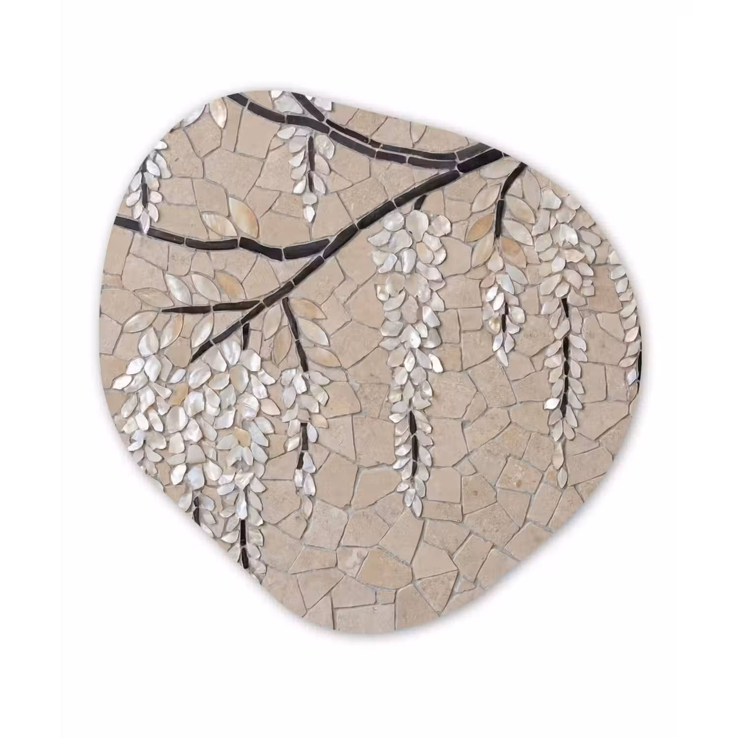 Boom - Bloemen - Mozaïek - Kunst - Wit Wandcirkel Organisch Aluminium middel -3d