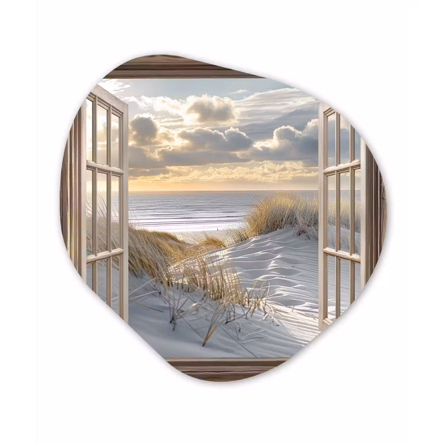 Doorkijk - Strand - Duinen - Zee - Natuur Wandcirkel Organisch Aluminium middel -3d