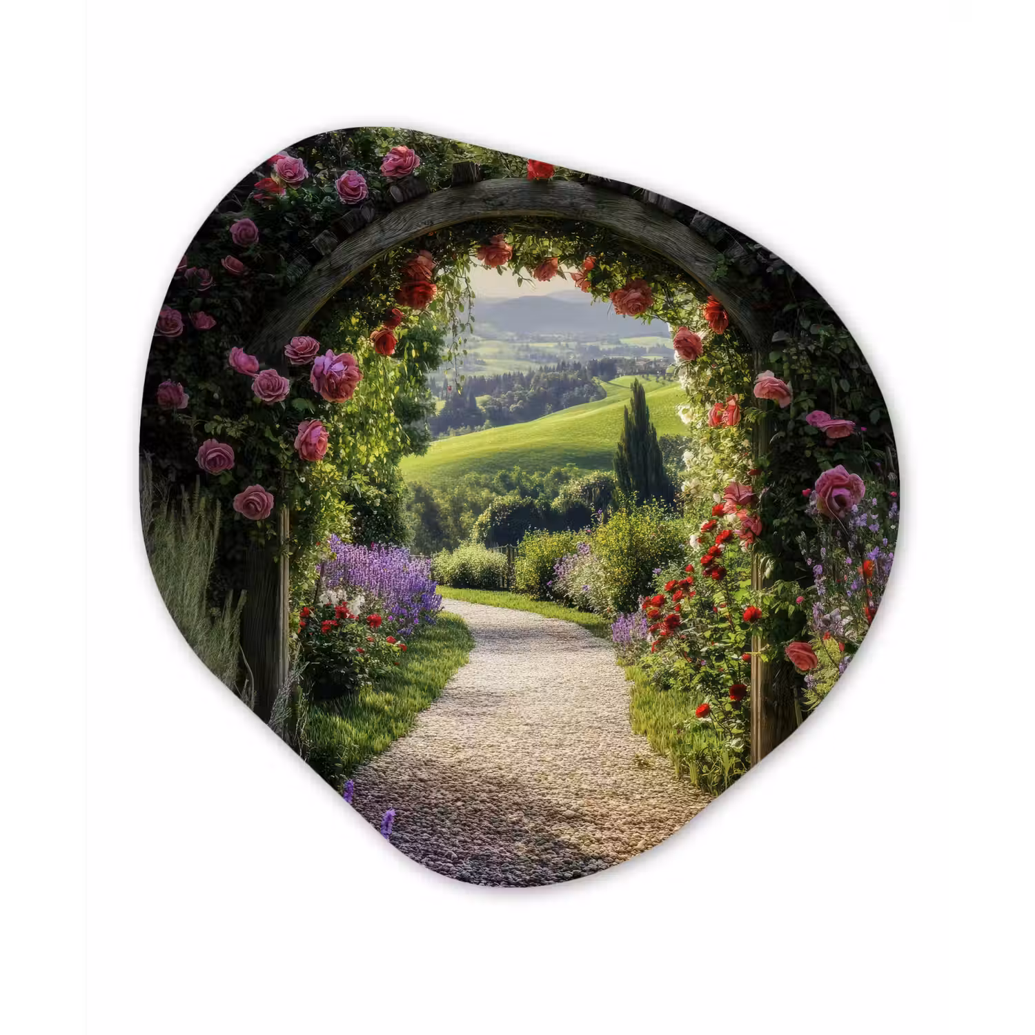 Doorkijk - Tuinboog - Bloemen - Natuur - Pad Wandcirkel Organisch Aluminium middel -3d