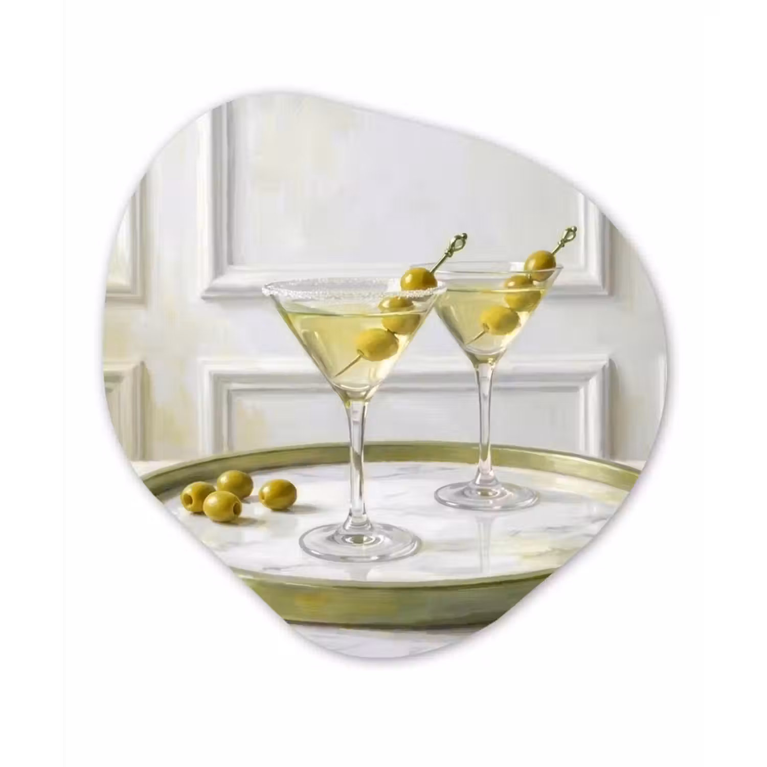 Drank - Martini - Olijven - Modern - Wit Wandcirkel Organisch Aluminium middel -3d