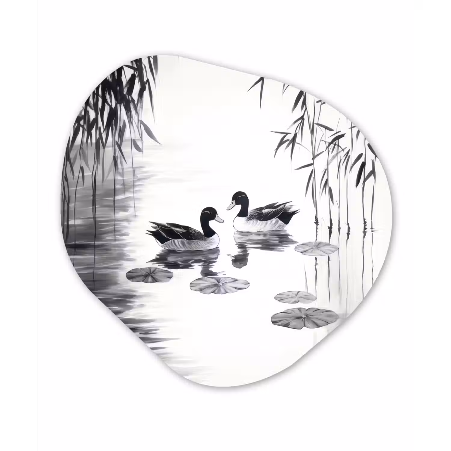 Eenden - Waterlelies - Riet - Zwart Wandcirkel Organisch Aluminium middel -3d