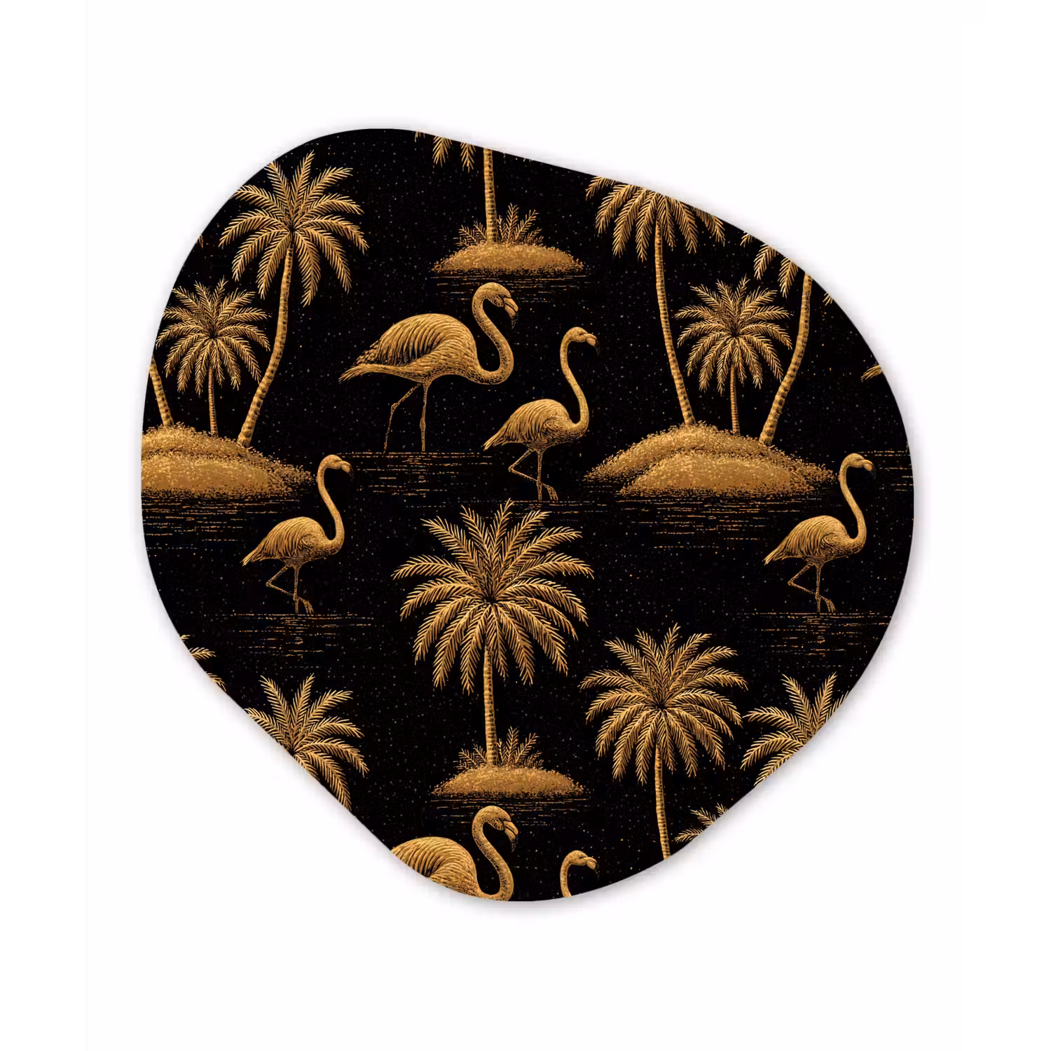 Flamingo - Palmbomen - Tropisch - Goud - Zwart Wandcirkel Organisch Aluminium middel 851 -3d
