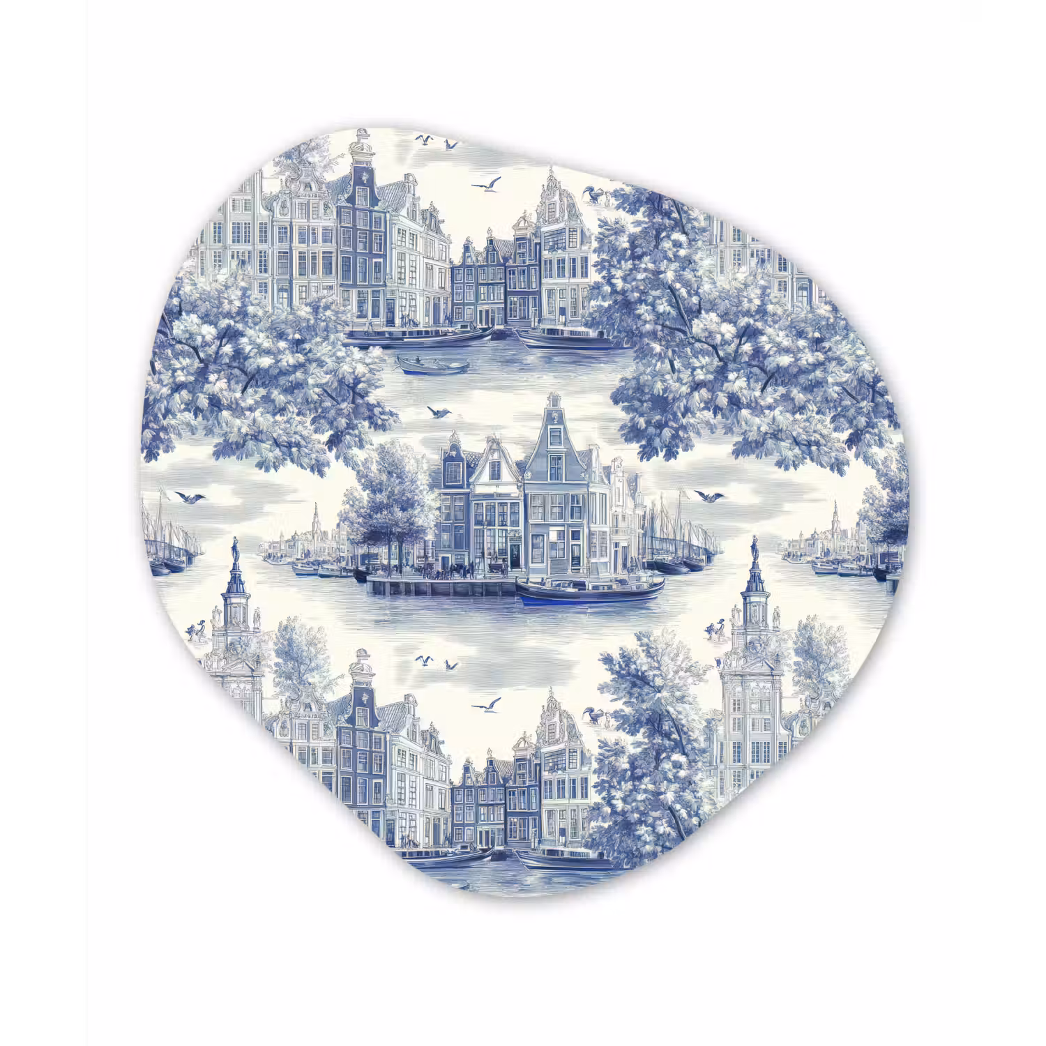 Huizen - Bomen - Water - Vogels - Blauw Wandcirkel Organisch Aluminium middel 851 -3d