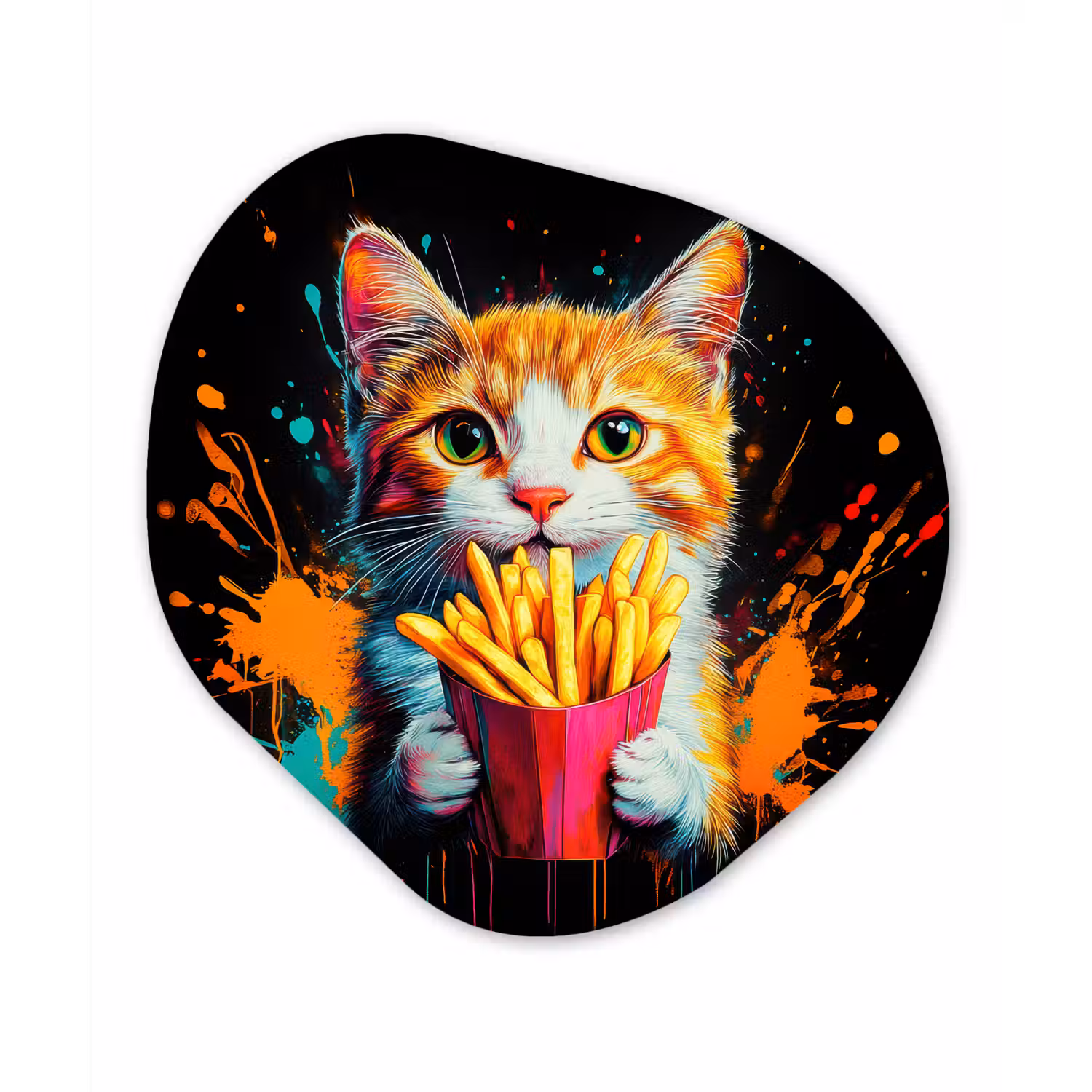 Kat - Eten - Patat - Graffiti - Abstract Wandcirkel Organisch Aluminium middel -3d