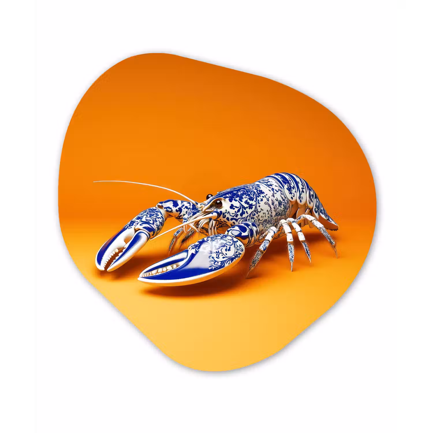 Kreeft - Delftsblauw - Schild - Stoer - Oranje Wandcirkel Organisch Aluminium middel -3d
