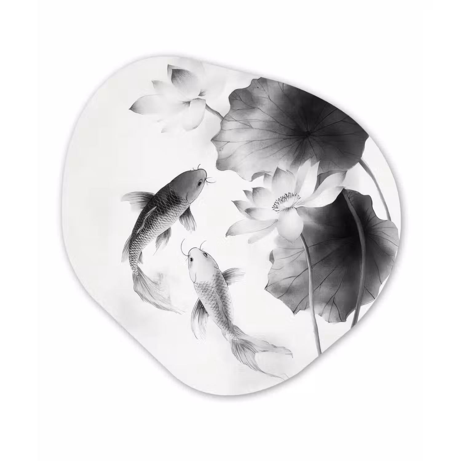 Lotusbloemen - Vissen - Bladeren - Zwart Wandcirkel Organisch Aluminium middel -3d