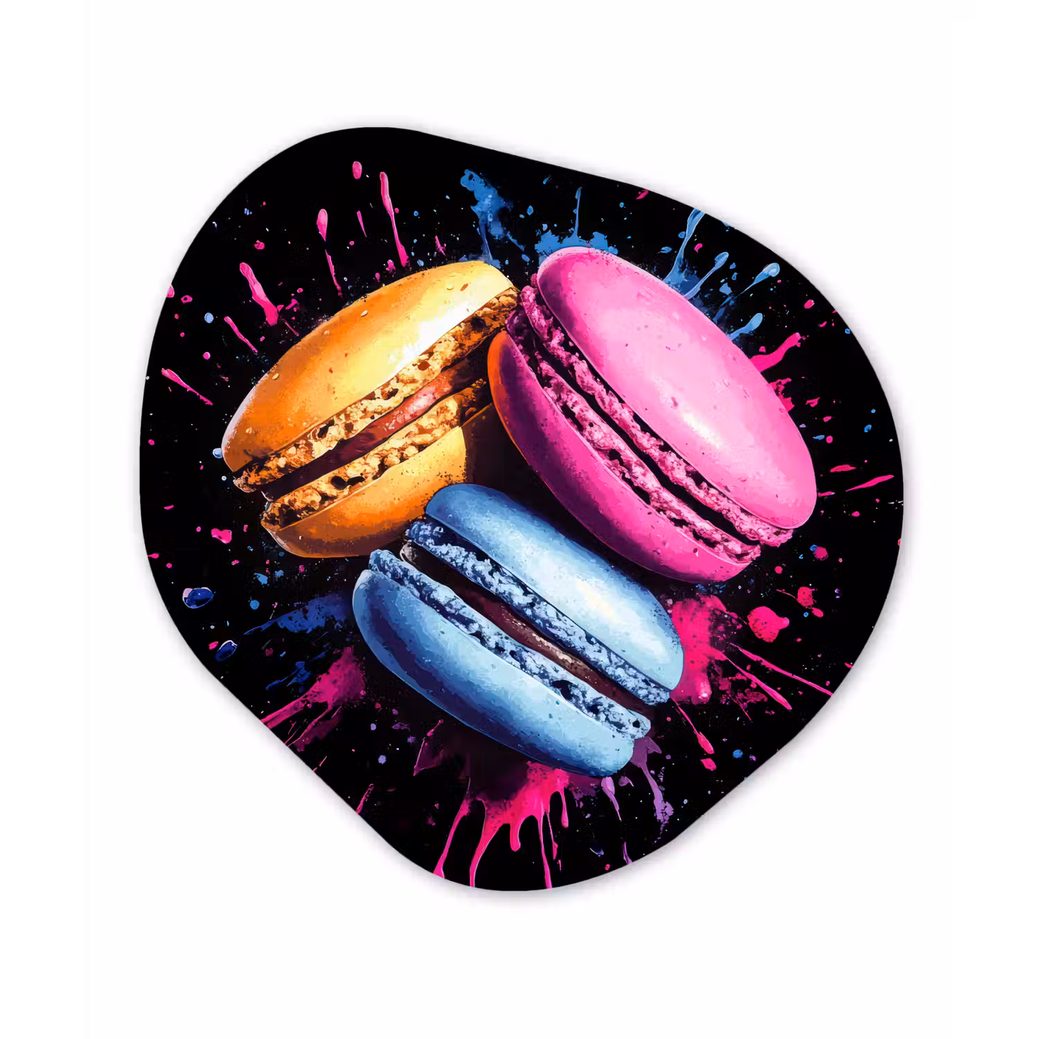 Macarons - Dessert - Graffiti - Kleurrijk - Roze - Blauw - Geel Wandcirkel Organisch Aluminium middel -3d