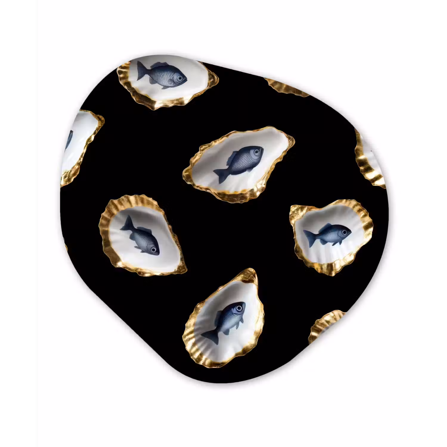 Oesters - Vissen - Blauw - Goud Wandcirkel Organisch Aluminium middel -3d