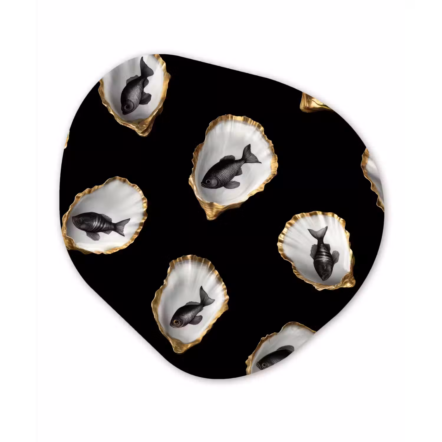 Oesters - Zwart - Vissen - Goud Wandcirkel Organisch Aluminium middel -3d