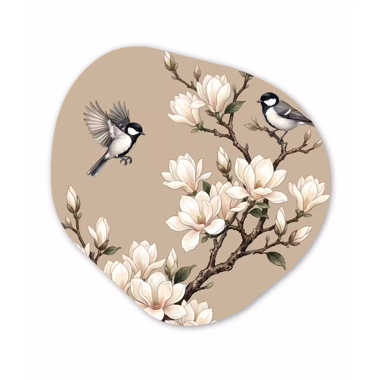 Oosters - Vogels - Beige Wandcirkel Organisch Aluminium middel -3d