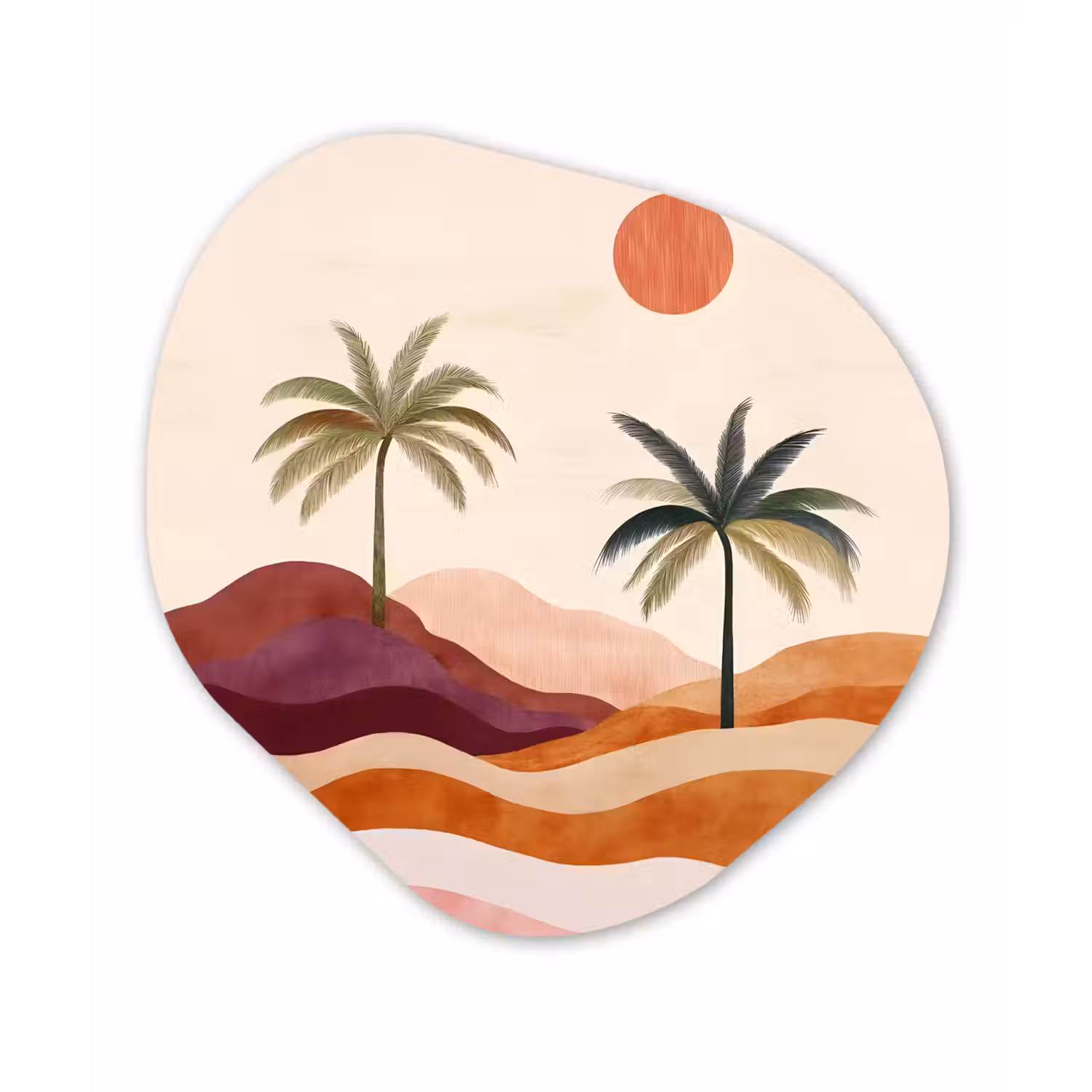 Palmbomen - Abstract - Zon - Heuvels Wandcirkel Organisch Aluminium middel -3d
