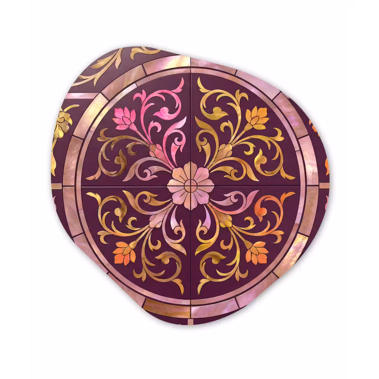 Patroon - Floraal - Oosters - Paars - Goud Wandcirkel Organisch Aluminium middel -3d
