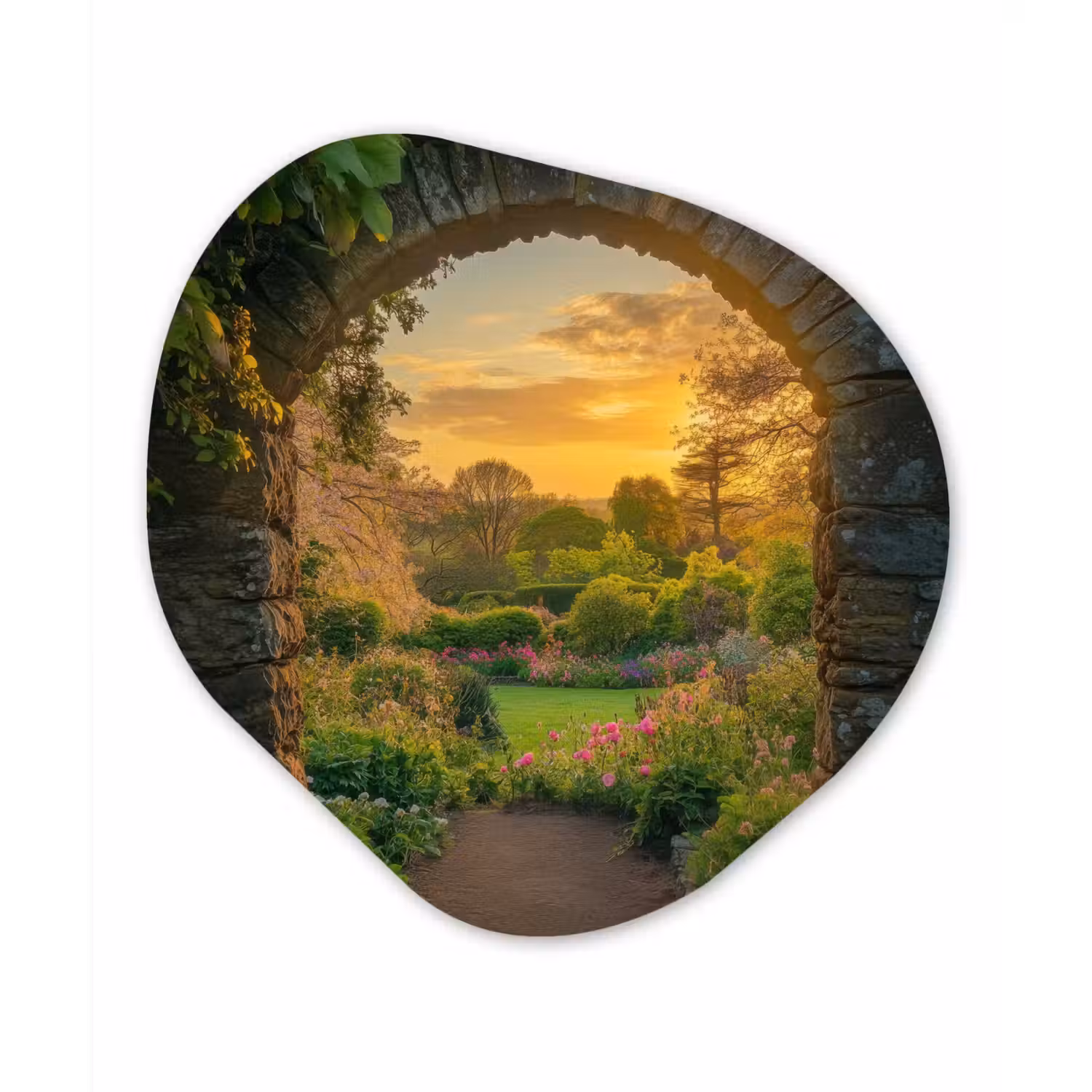Poort - Planten - Zonsondergang Wandcirkel Organisch Aluminium middel -3d