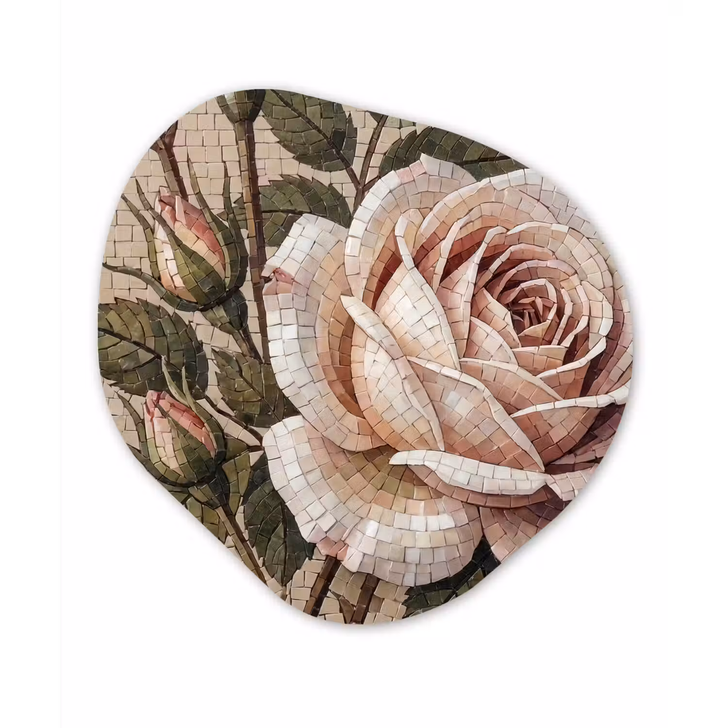 Roos - Mozaïek - Bloemen - Klassiek - Beige Wandcirkel Organisch Aluminium middel -3d