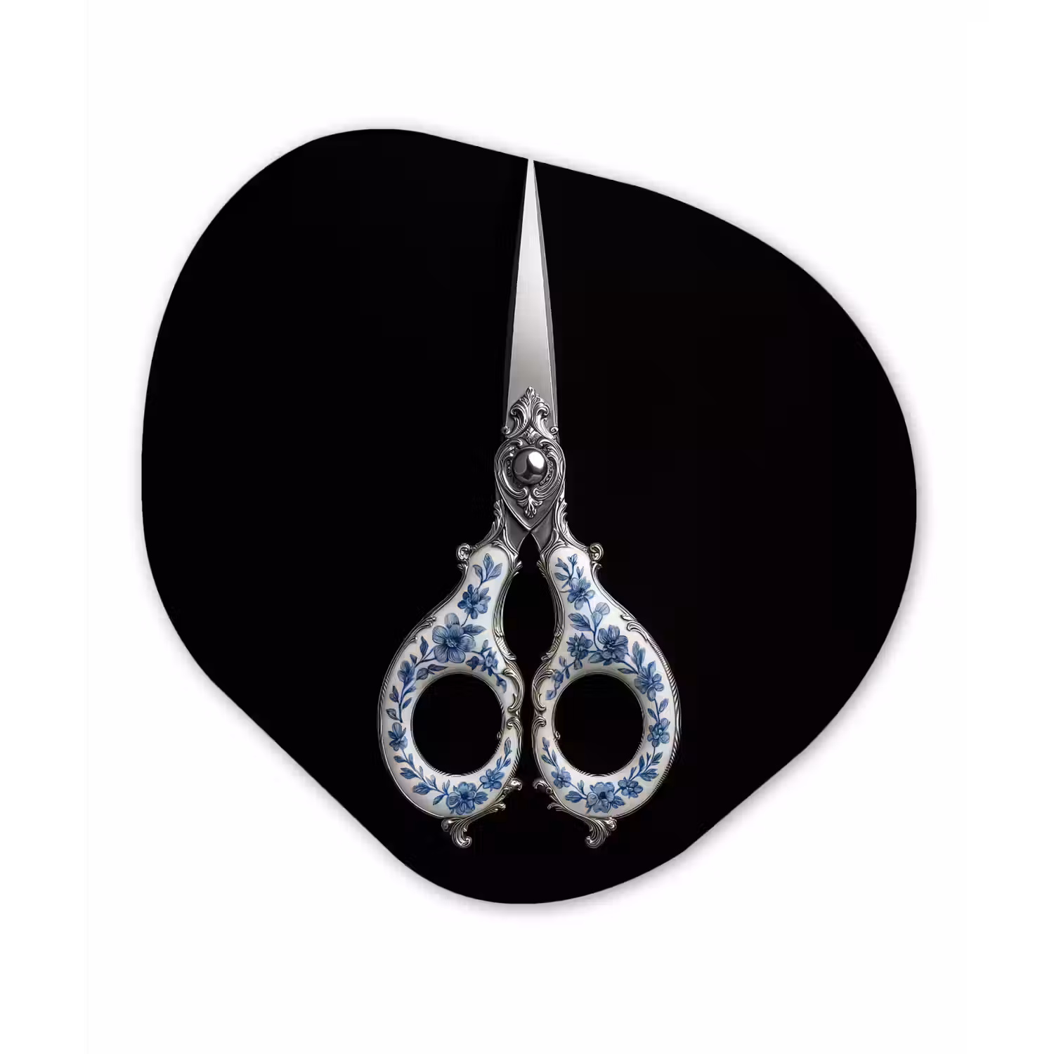 Schaar - Delfts blauw - Zwart Wandcirkel Organisch Aluminium middel -3d