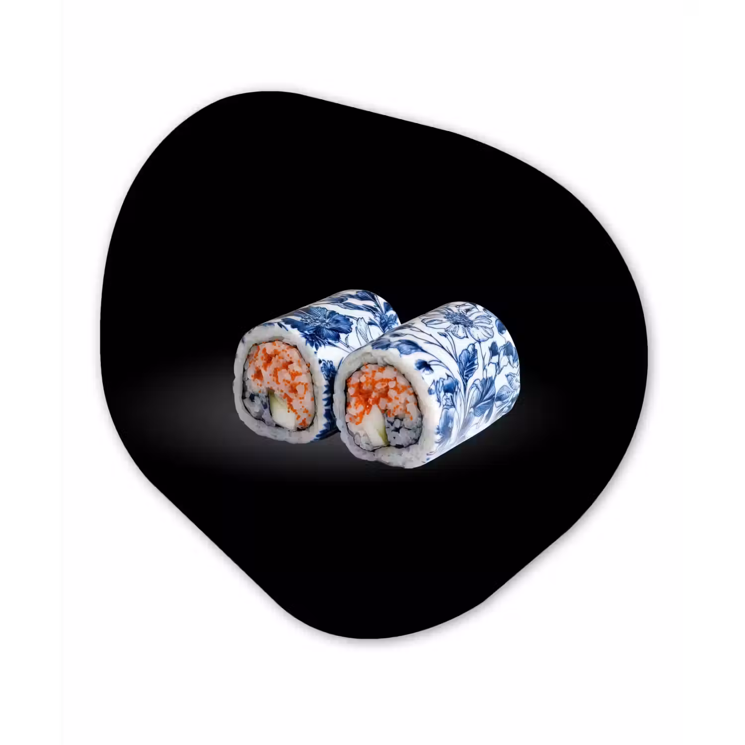Sushi - Delfts blauw - Rijst - Vis - Elegant Wandcirkel Organisch Aluminium middel -3d
