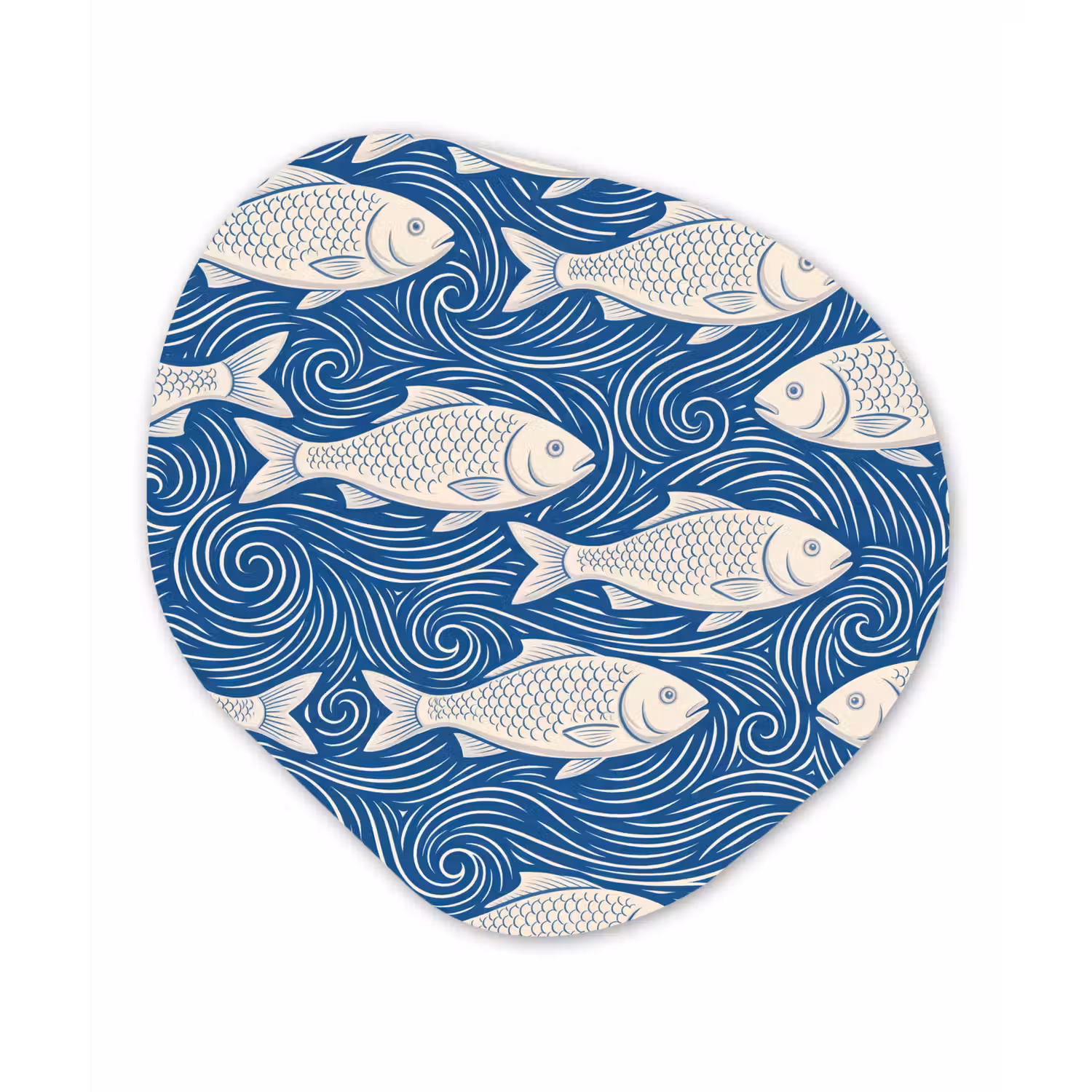Vis - Water - Patroon - Grafisch - Blauw Wandcirkel Organisch Aluminium middel -3d