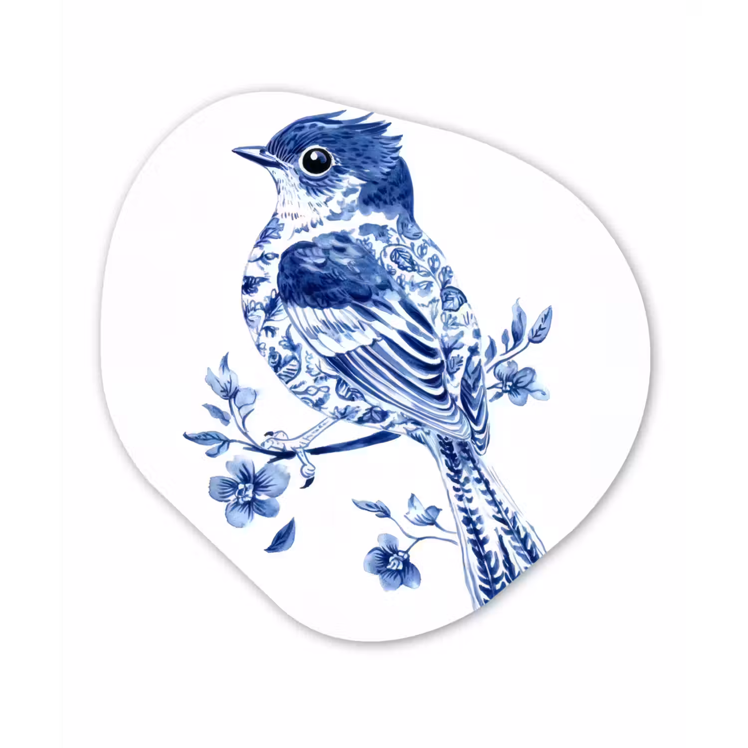 Vogel - Delfts blauw - Illustratie - Bloemen Wandcirkel Organisch Aluminium middel -3d