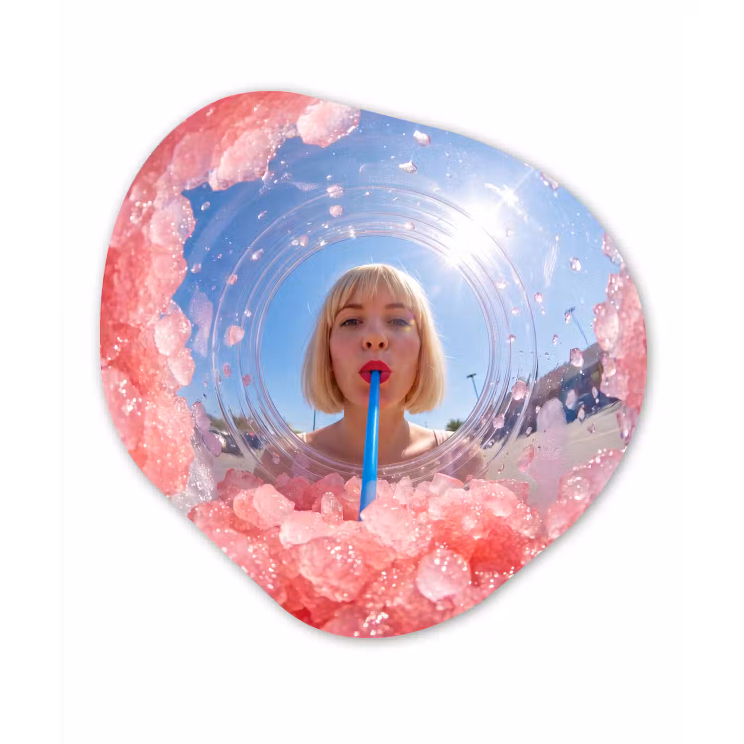 Vrouw - Drank - Zomer - Roze - Blauw Wandcirkel Organisch Aluminium middel -3d