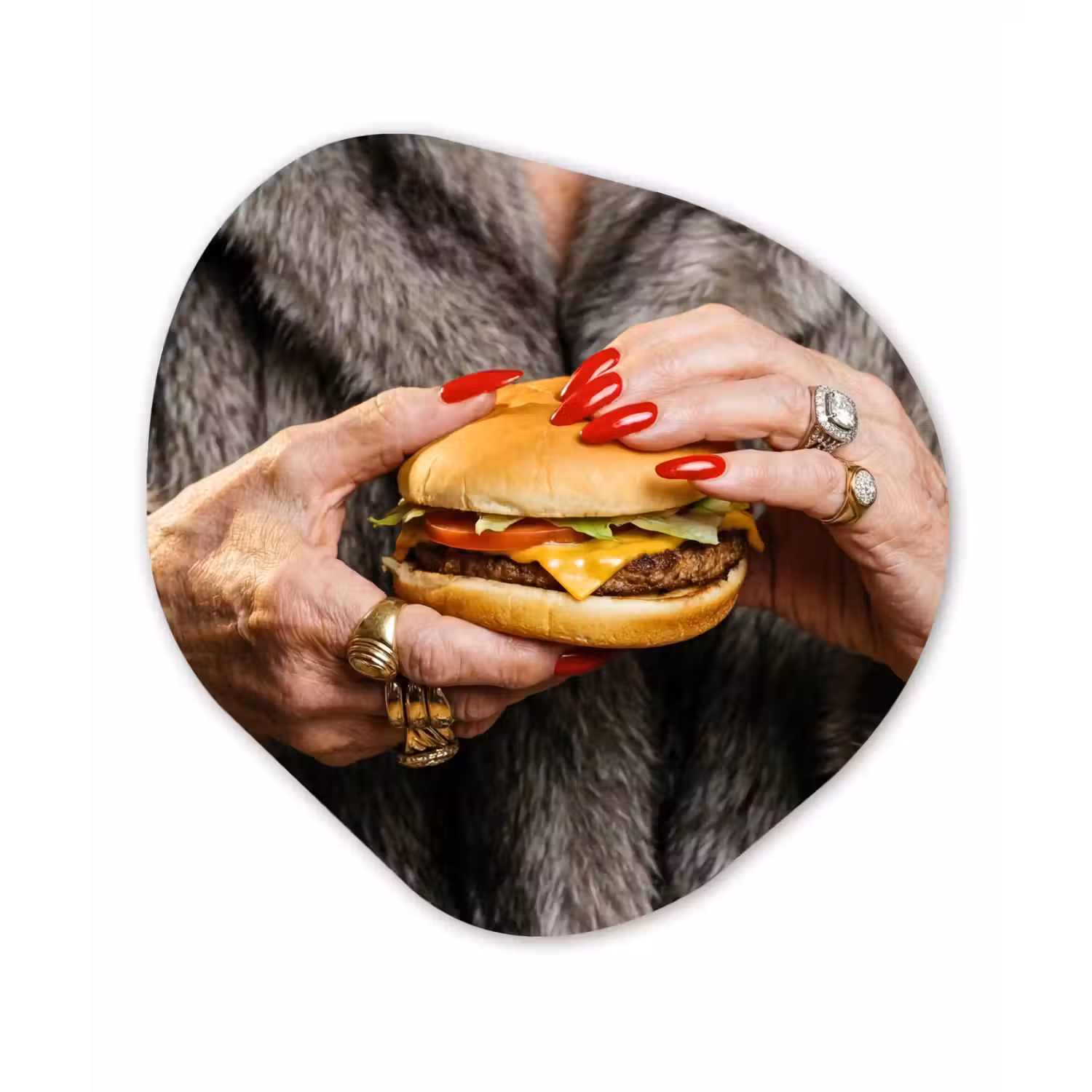 Vrouw - Hamburger - Bontjas Wandcirkel Organisch Aluminium middel -3d