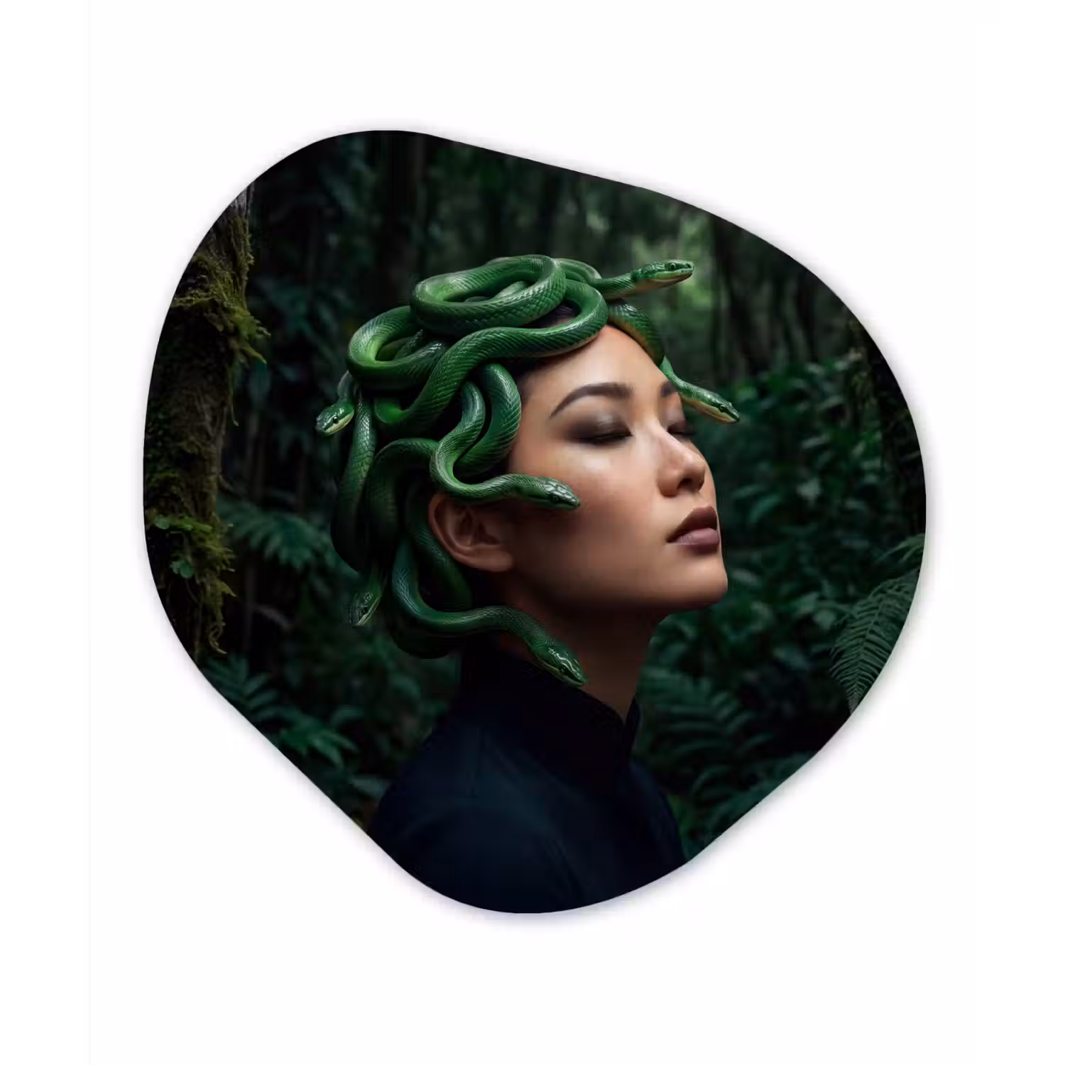 Vrouw - Slang - Natuur - Mystiek - Groen Wandcirkel Organisch Aluminium middel -3d