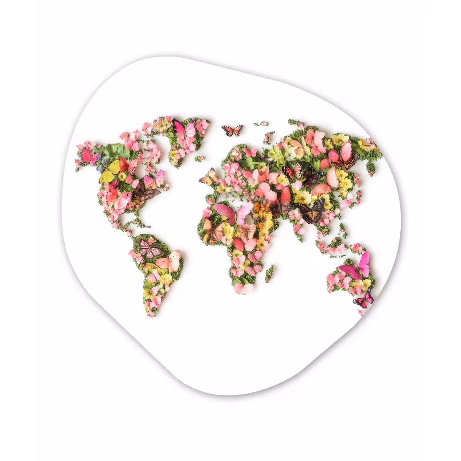Wereldkaart - Bloemen - Felgekleurd Wandcirkel Organisch Aluminium middel -3d