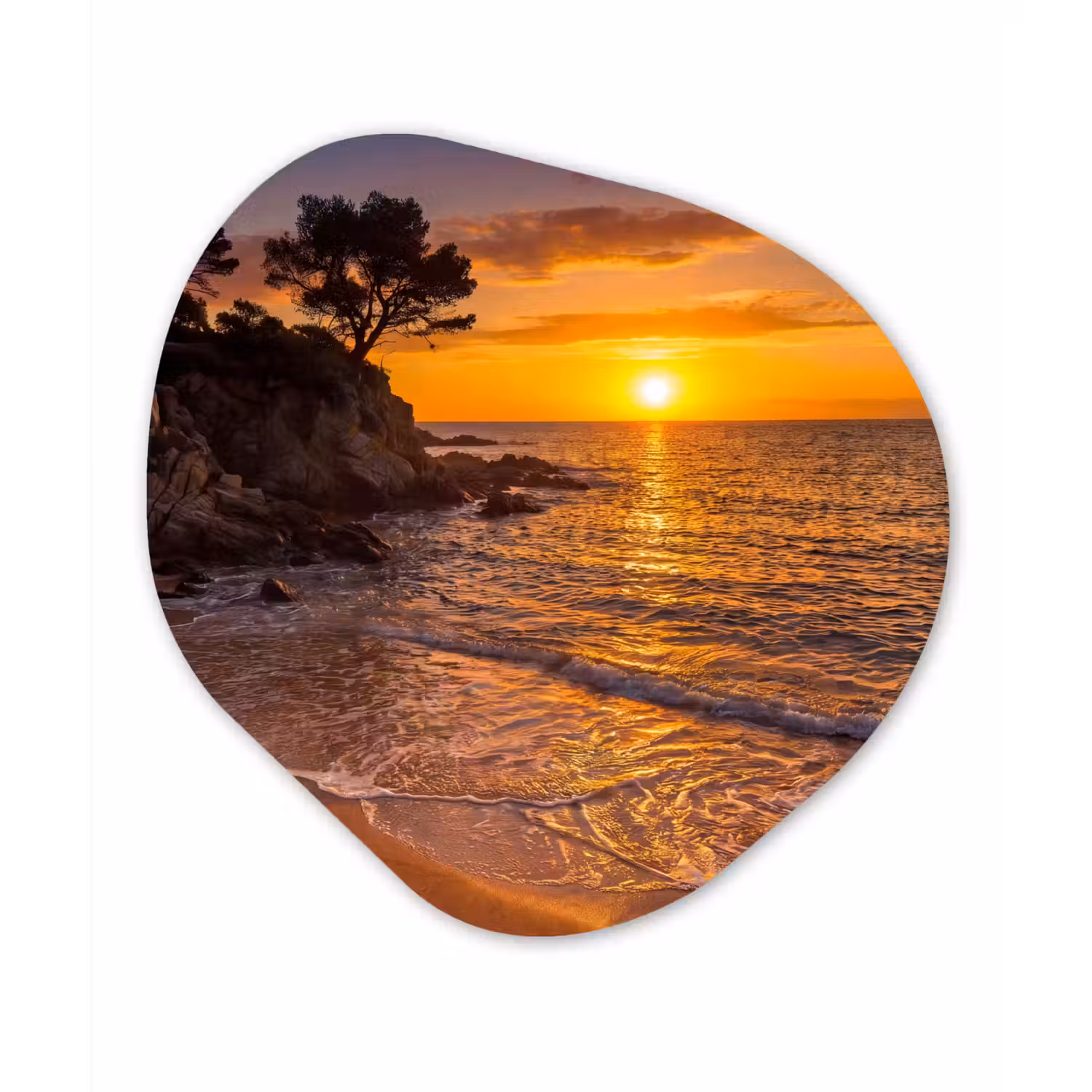 Zee - Kust - Zonsondergang - Natuur - Oranje Wandcirkel Organisch Aluminium middel -3d