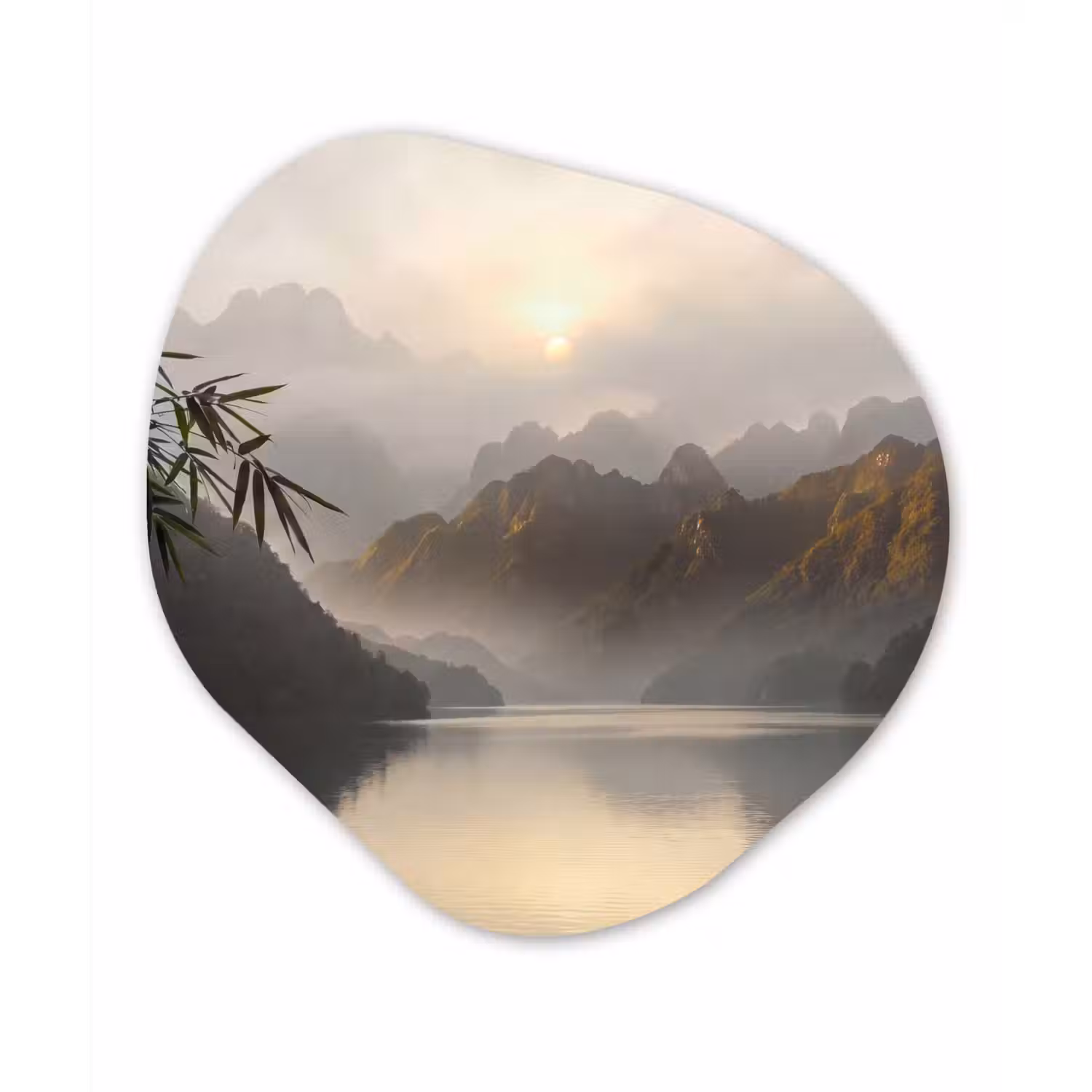 Bergen - Water - Mist - Natuur - Landschap Wandcirkel Organisch Forex 3mm klein -3d