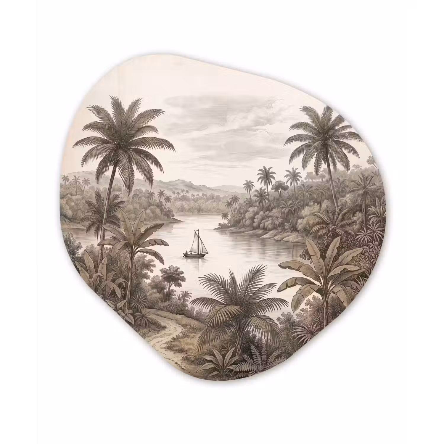Landschap - Rivier - Boot - Tropisch - Vintage Wandcirkel Organisch Forex 3mm klein -3d