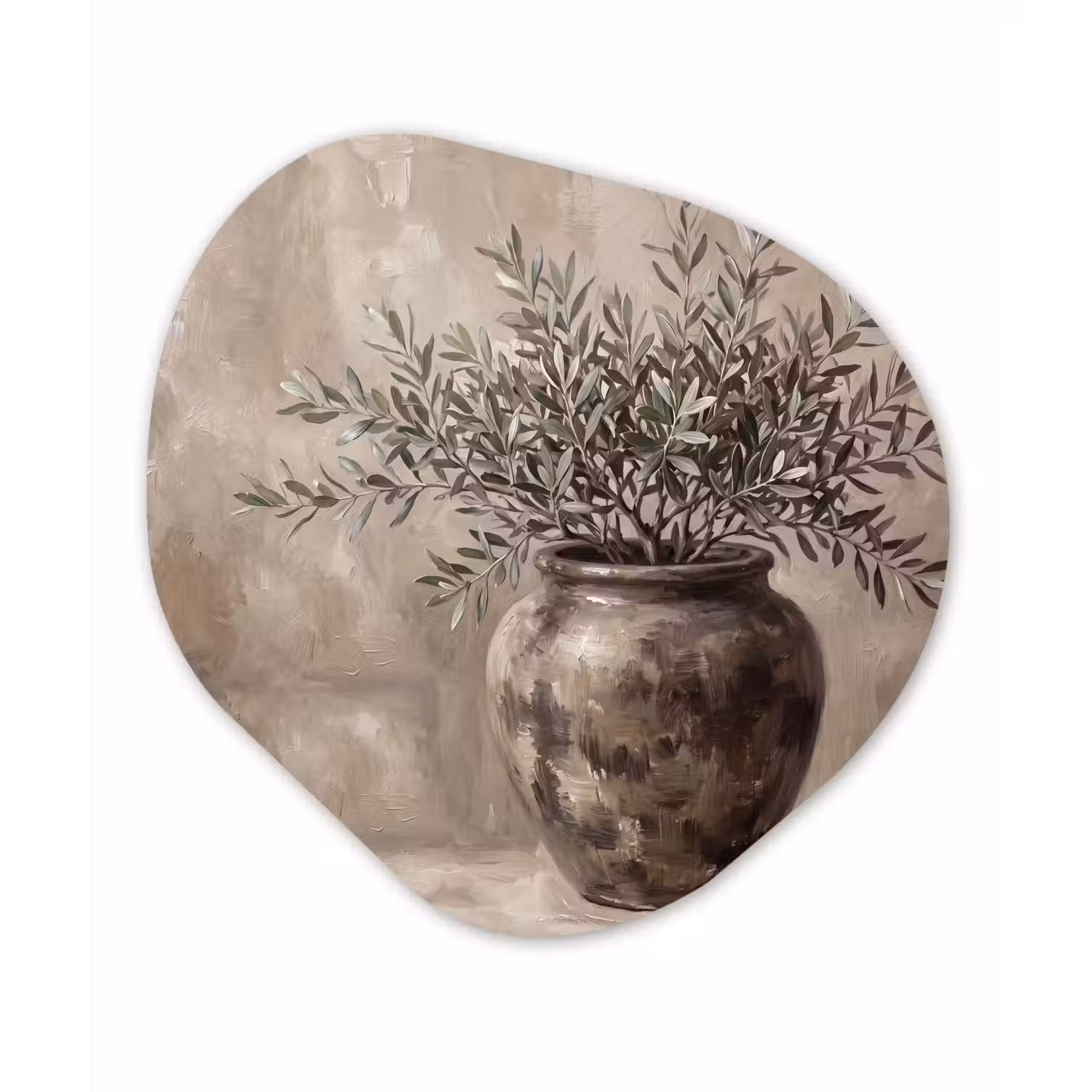 Olijfplant - Aardenpot - Abstract - Beige Wandcirkel Organisch Forex 3mm klein -3d