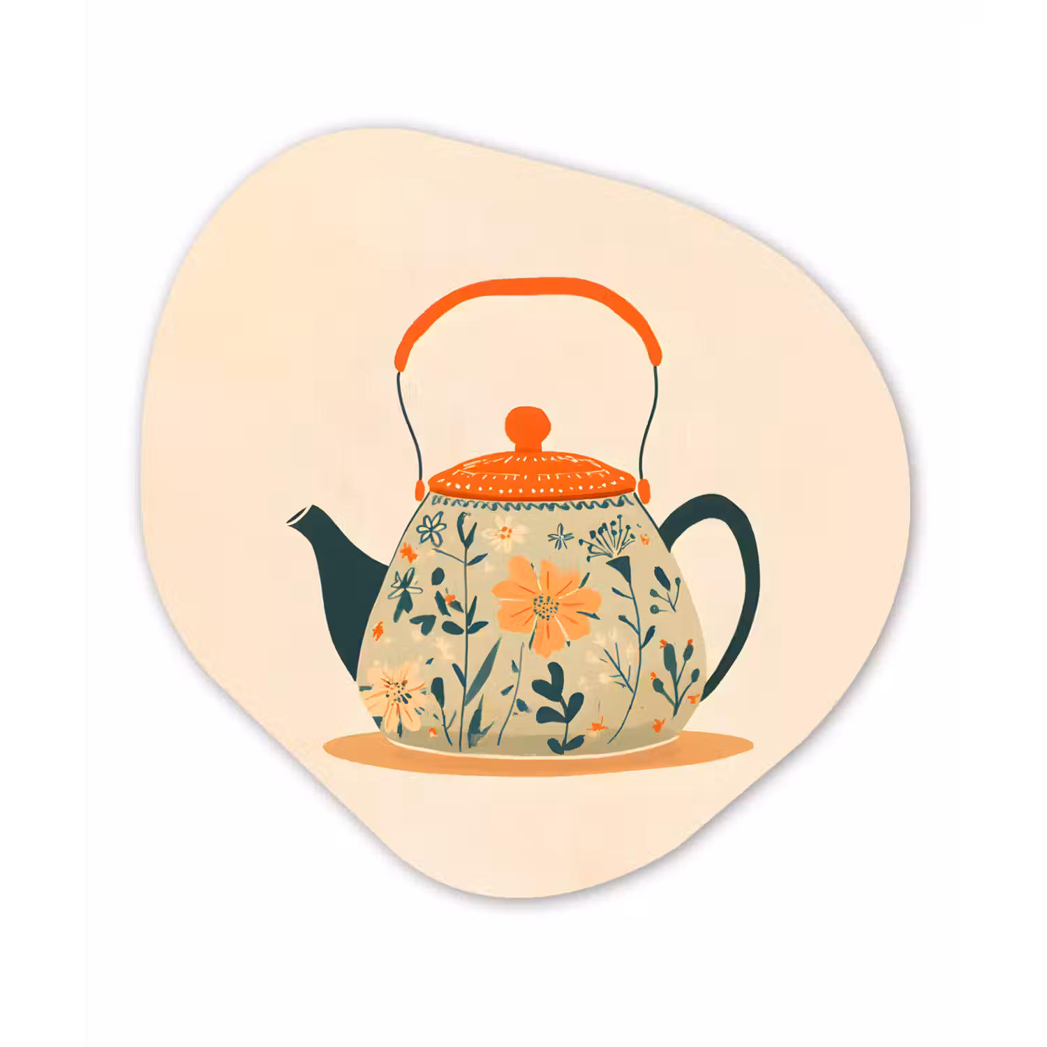 Oranje - Theepot - Bloemen - Bladeren Wandcirkel Organisch Forex 3mm klein -3d