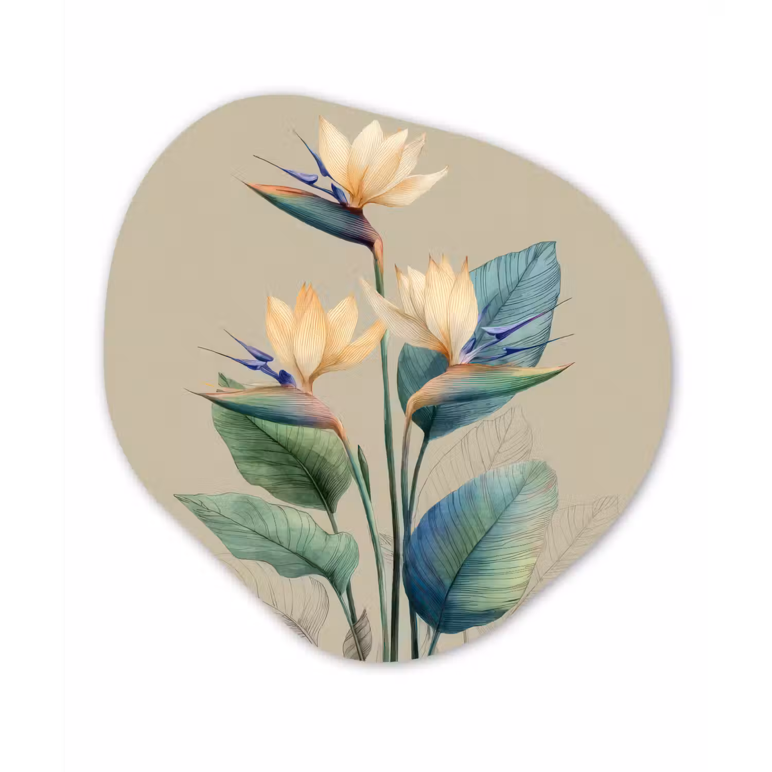 Paradijsvogelbloemen - Blauwgroene bladeren - Beige Wandcirkel Organisch Forex 3mm klein -3d