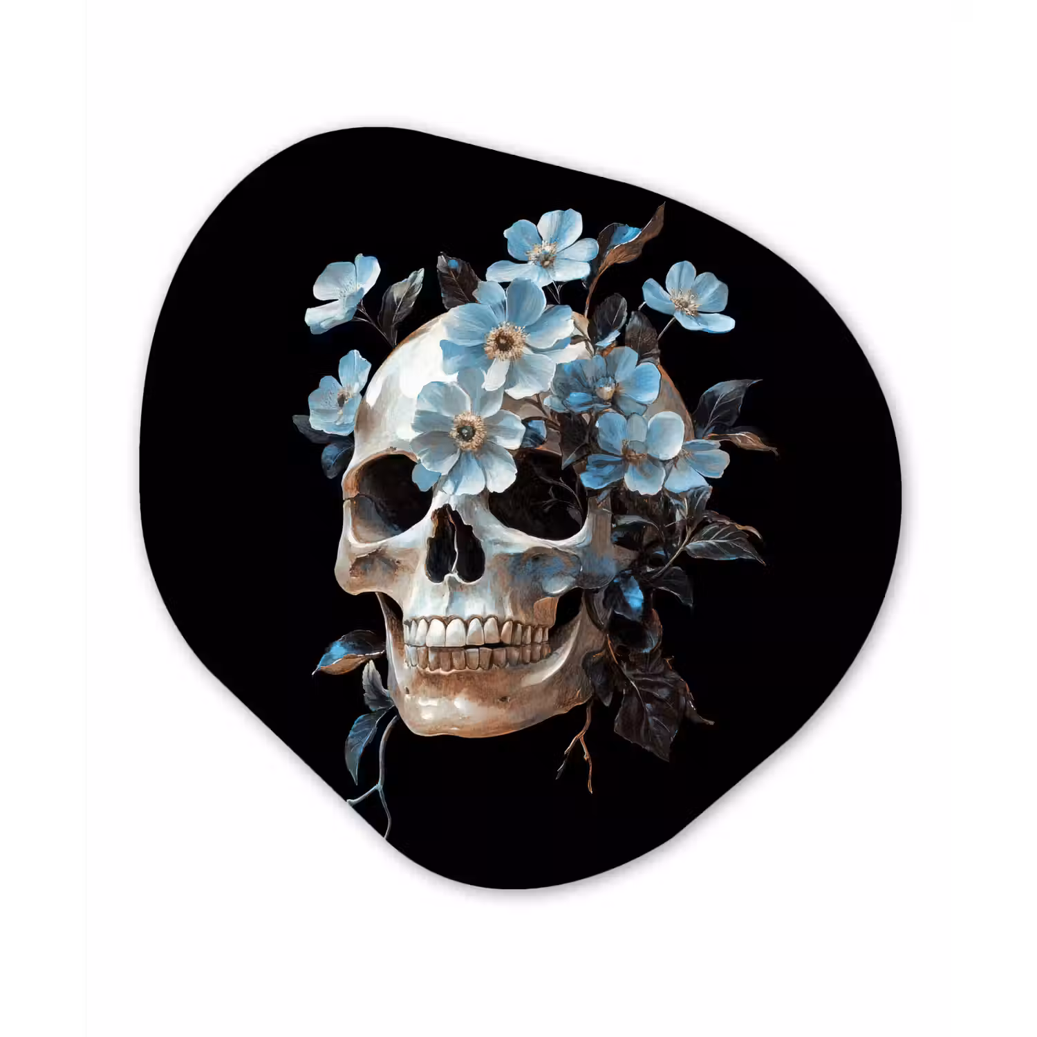 Schedel - Blauw - Bloemen - Bladeren Wandcirkel Organisch Forex 3mm klein -3d