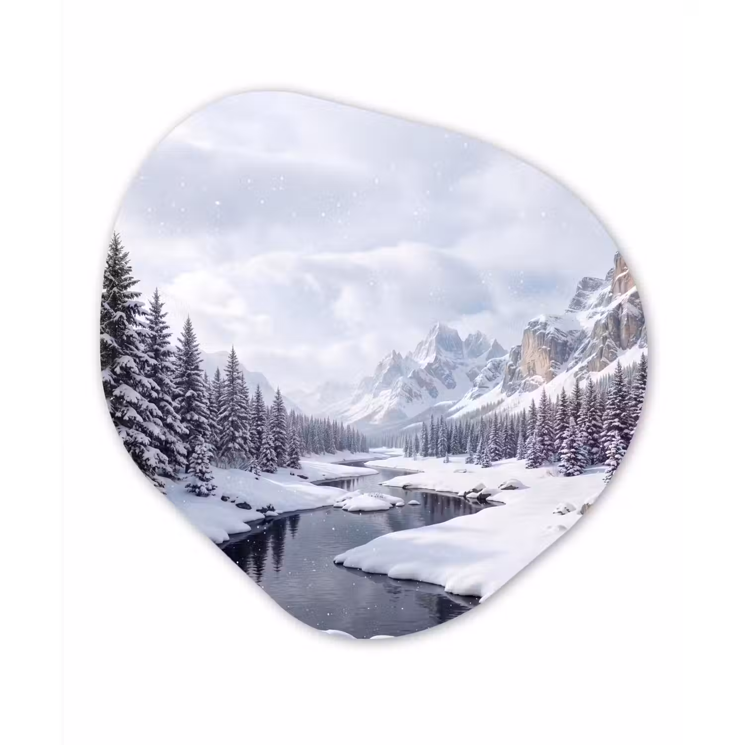 Sneeuwlandschap - Bergen - Rivier - Winter Wandcirkel Organisch Forex 3mm klein -3d