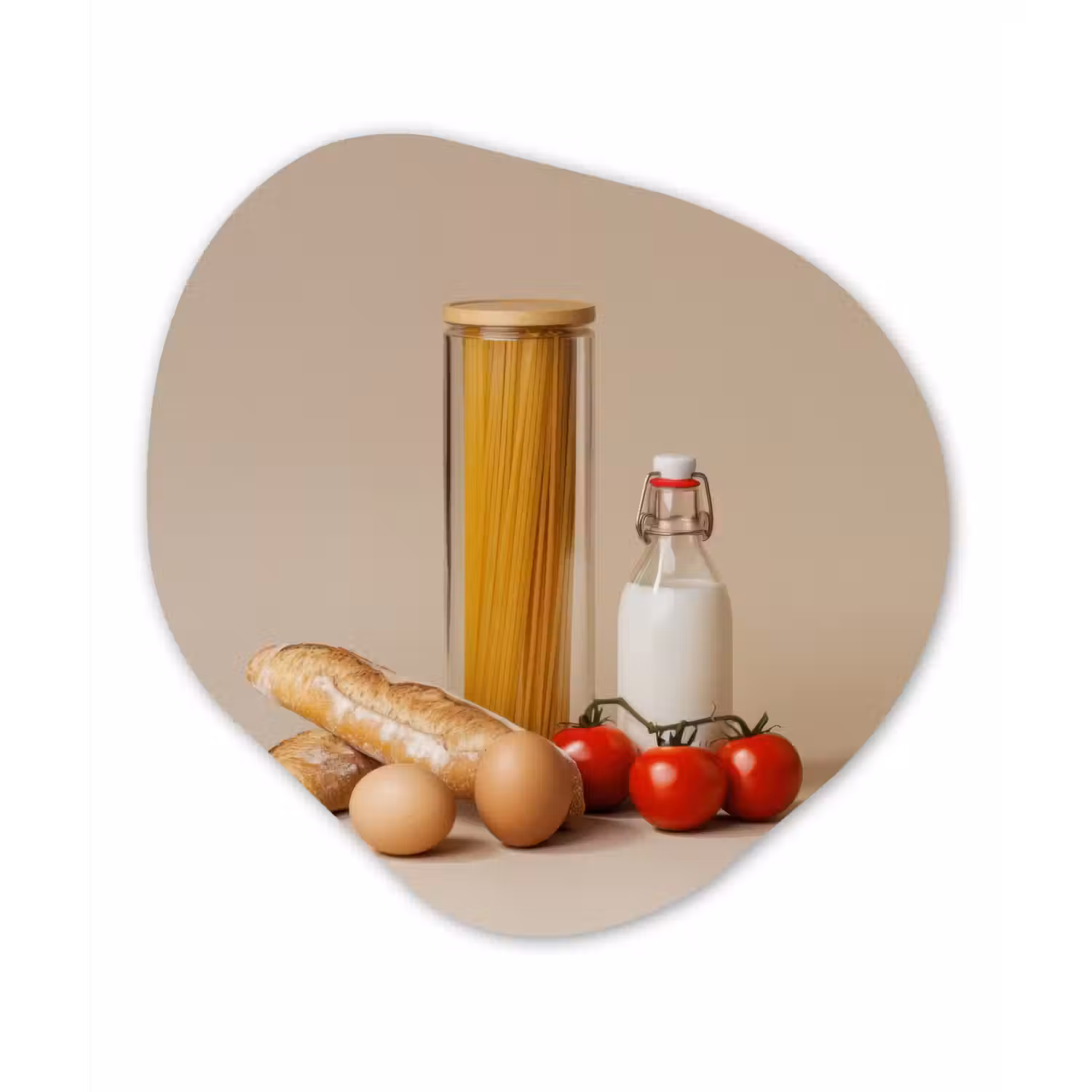 Spaghetti - Melk - Tomaten - Eieren - Brood Wandcirkel Organisch Forex 3mm klein -3d