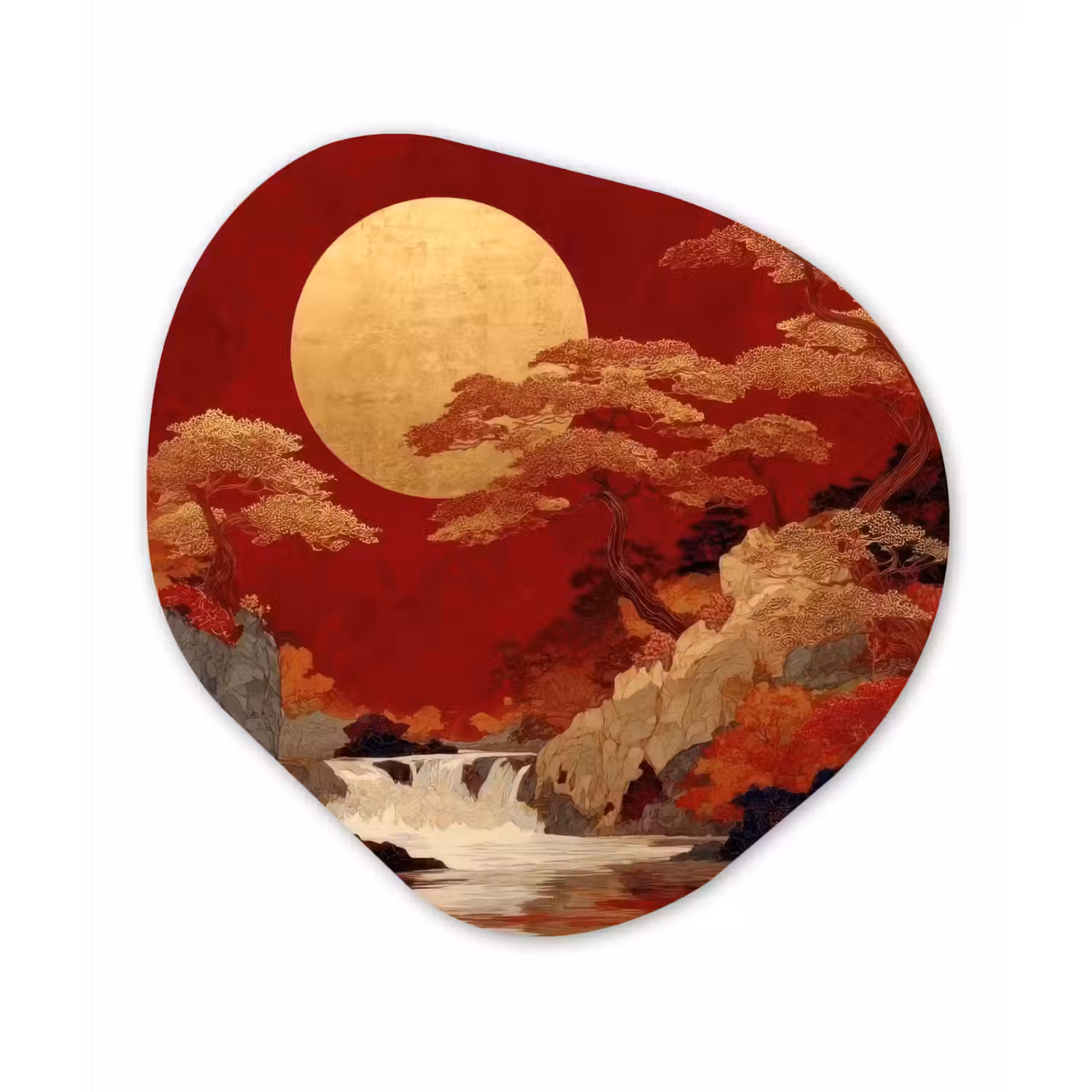 Volle maan - Landschap - Waterval Wandcirkel Organisch Forex 3mm klein -3d