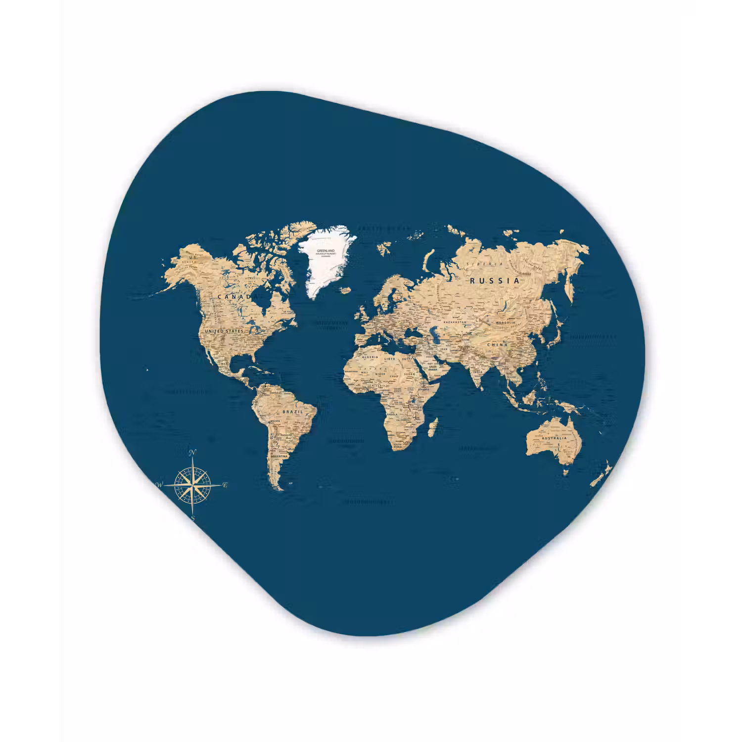 Wereldkaart - Donkerblauw - Beige Wandcirkel Organisch Forex 3mm klein -3d