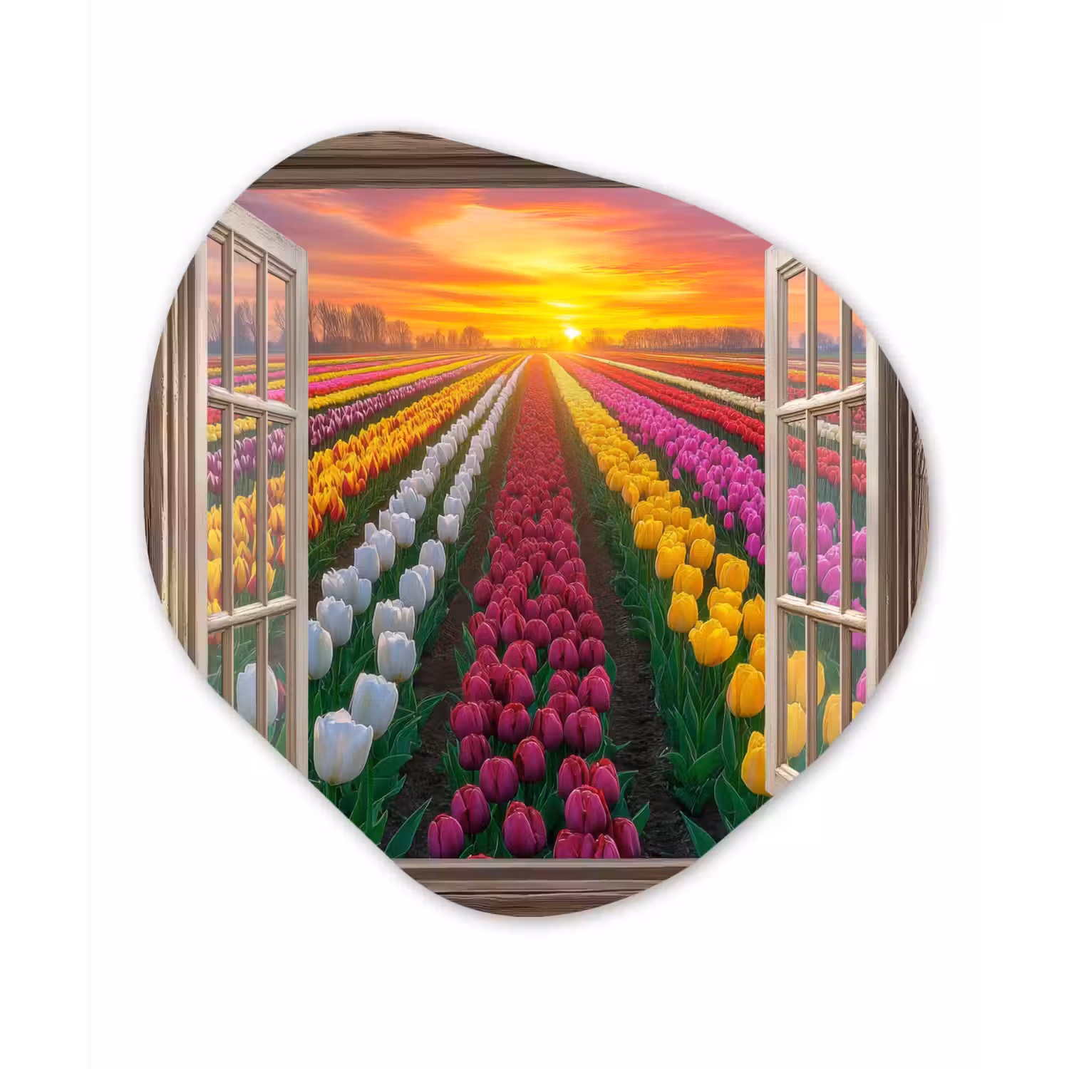 Doorkijk - Bloemen - Tulpen - Kleurrijk - Zonsondergang Wandcirkel Organisch Plexiglas middel -3d