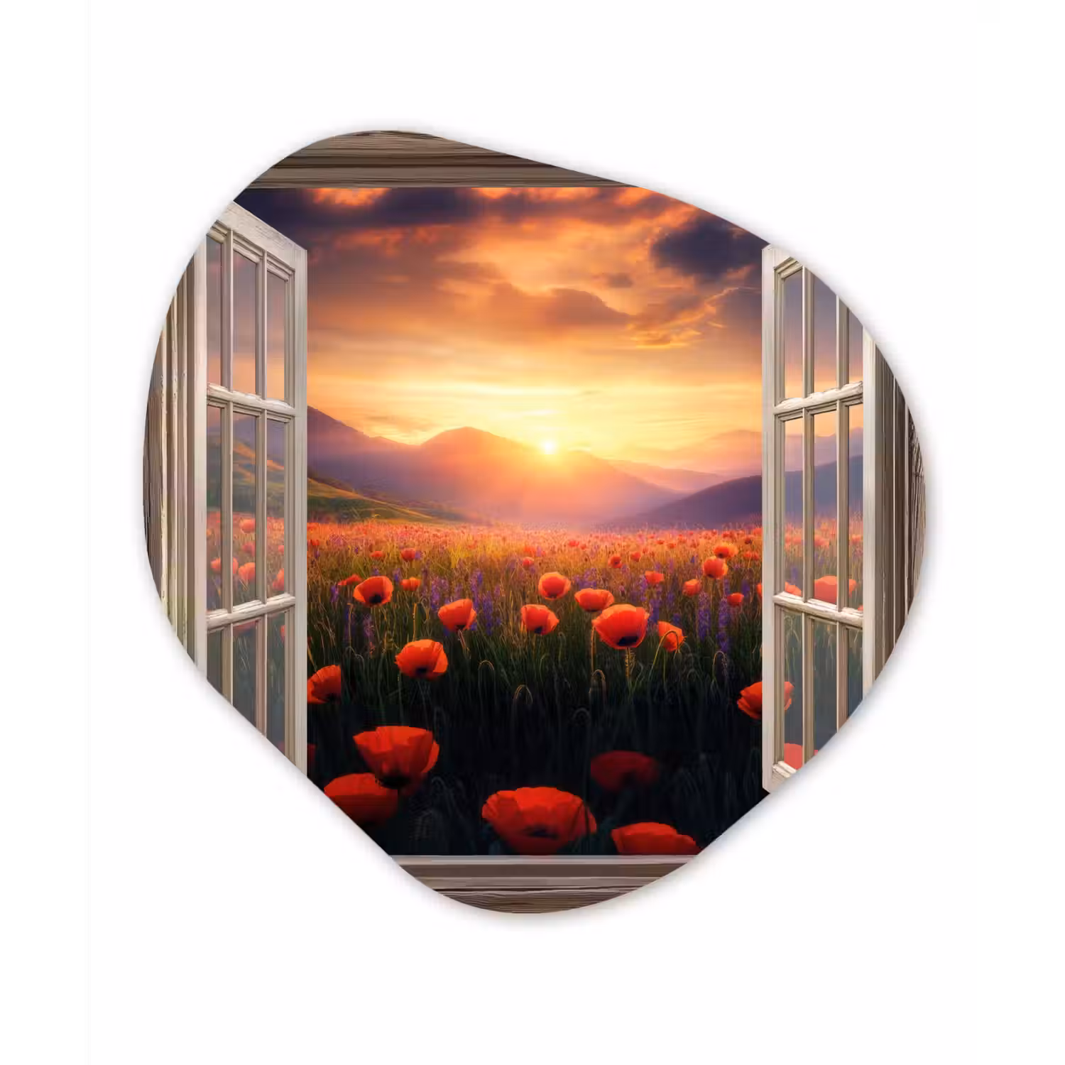 Doorkijk - Klaprozen - Bloemen - Rood - Open raam Wandcirkel Organisch Plexiglas middel -3d