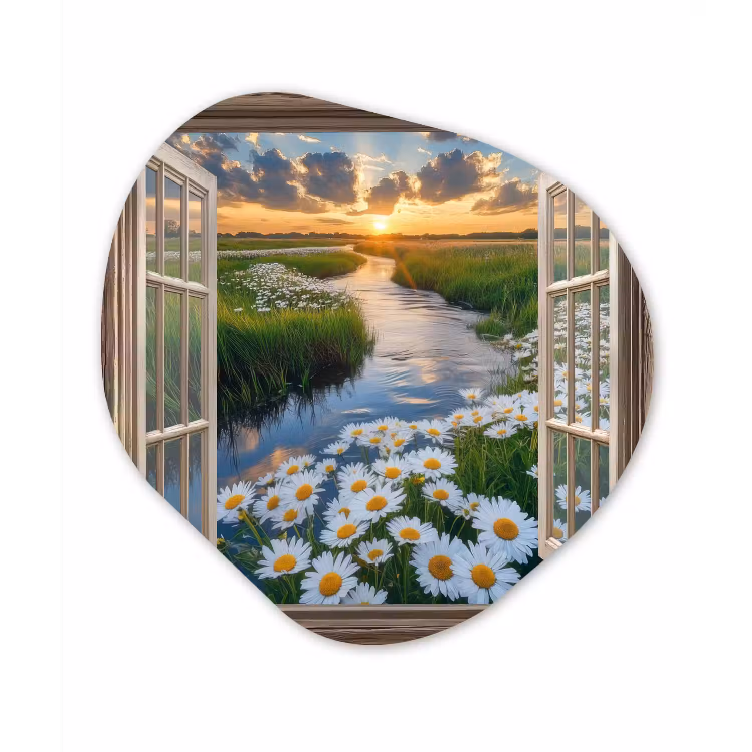 Doorkijk - Landschap - Raam - Water - Zonsondergang Wandcirkel Organisch Plexiglas middel -3d