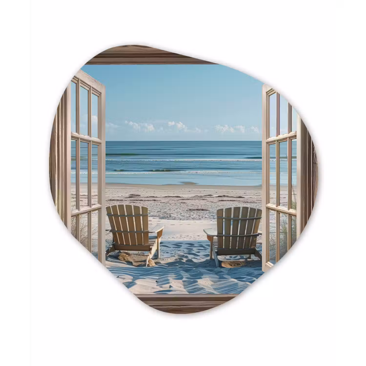 Doorkijk - Strandstoelen - Duinen - Zee - Natuur Wandcirkel Organisch Plexiglas middel -3d
